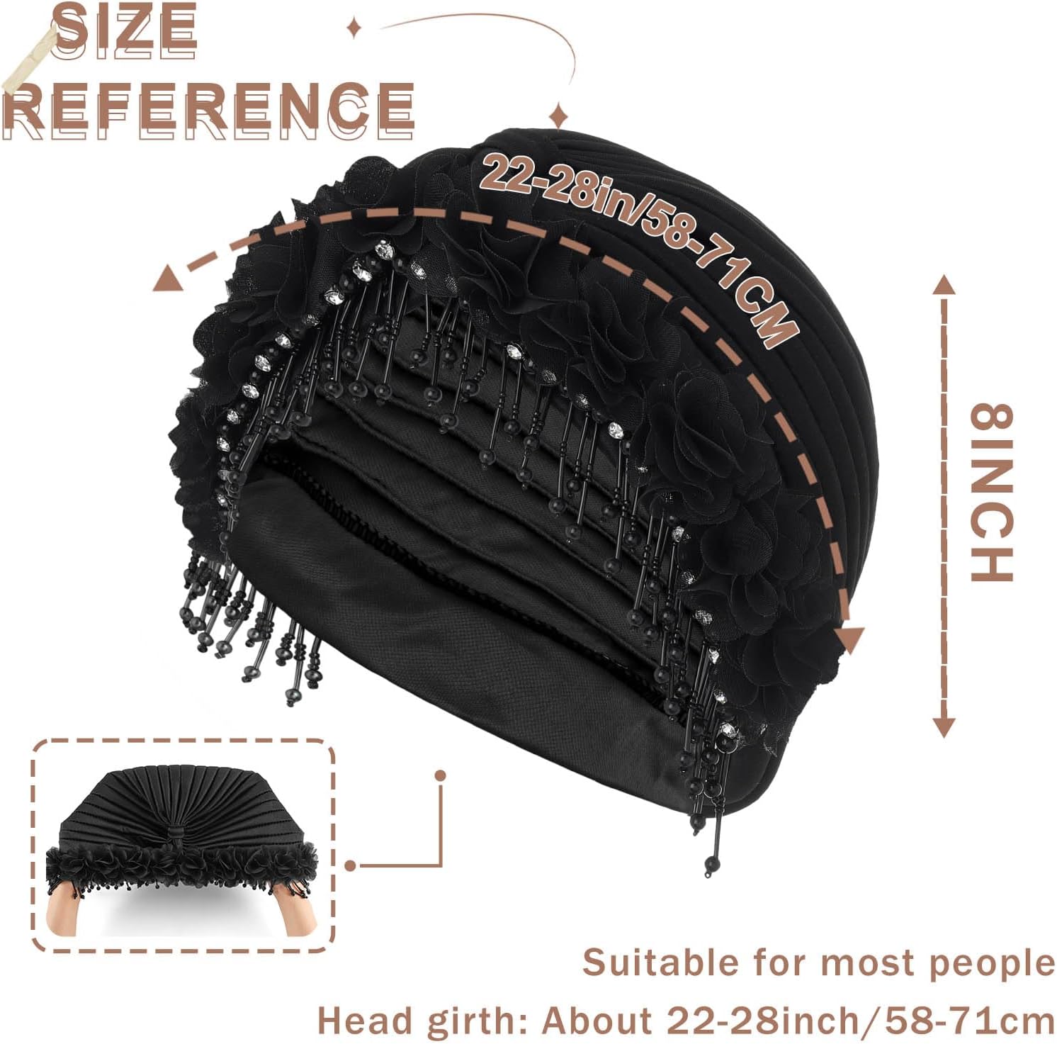 Bohend Beaded Rhinestone Turban Hat Knot Headwrap Beanie Pre Tied Pleated Headscarf Bonnet Women Tassel Head Cover Caps - Image 4