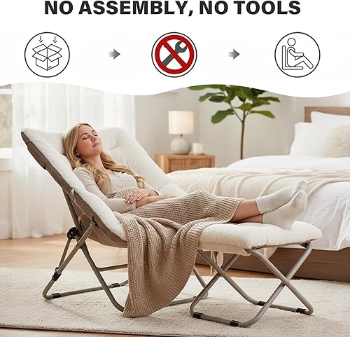 Miniatura 9 de Tiita Silla plegable con otomana recta, silla plegable de gran tamaño de piel sintética suave, silla perezosa, silla de luna con marco de metal para
