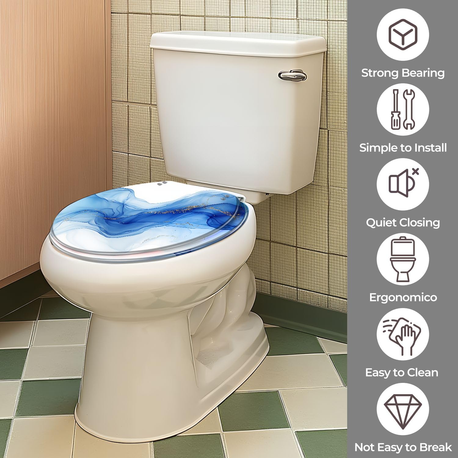 Asiento de inodoro redondo de resina para uso en el baño.