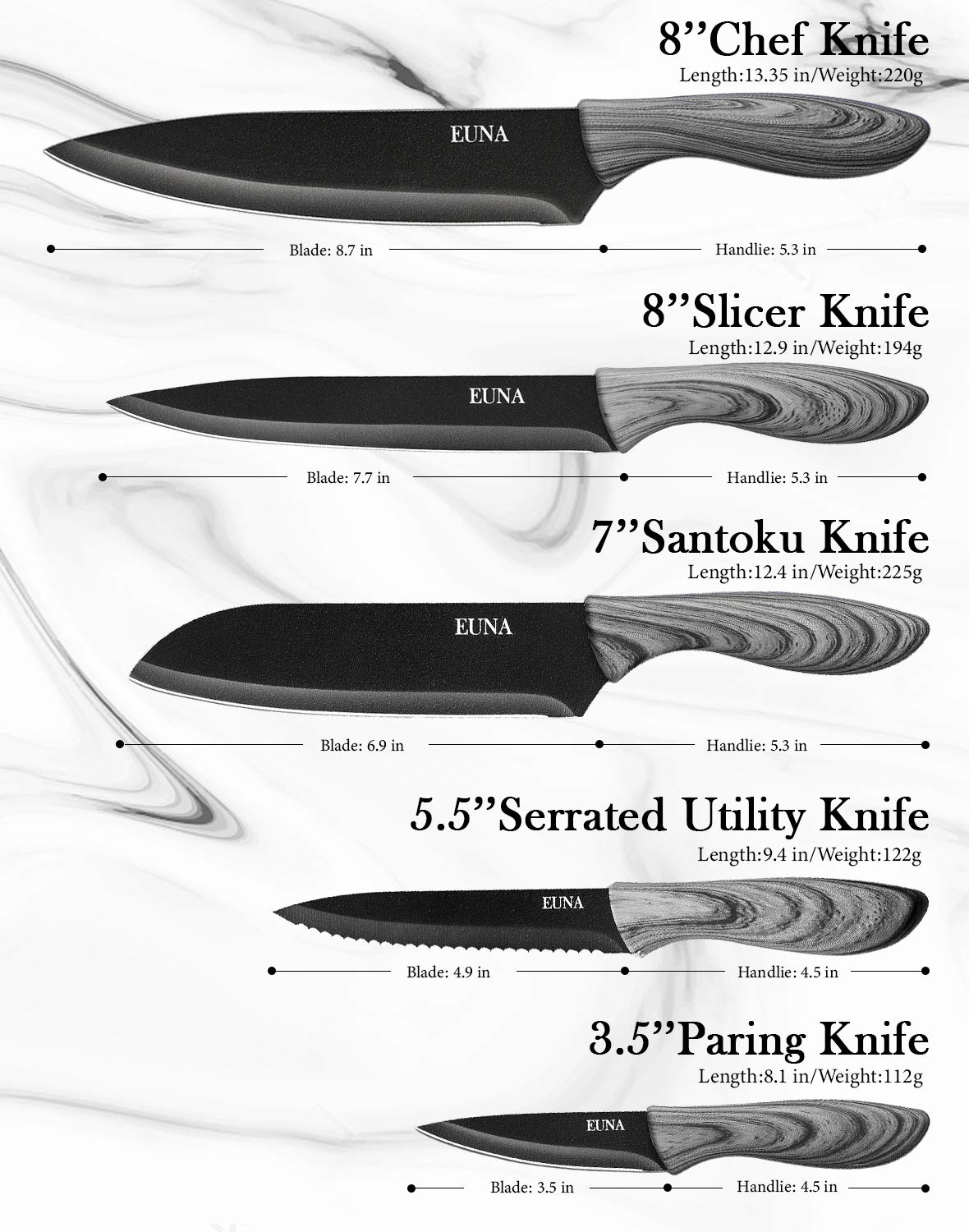 EUNA 5 PCS Kitchen Knife Boxed Set Ultra Sharp Japanese Knives with