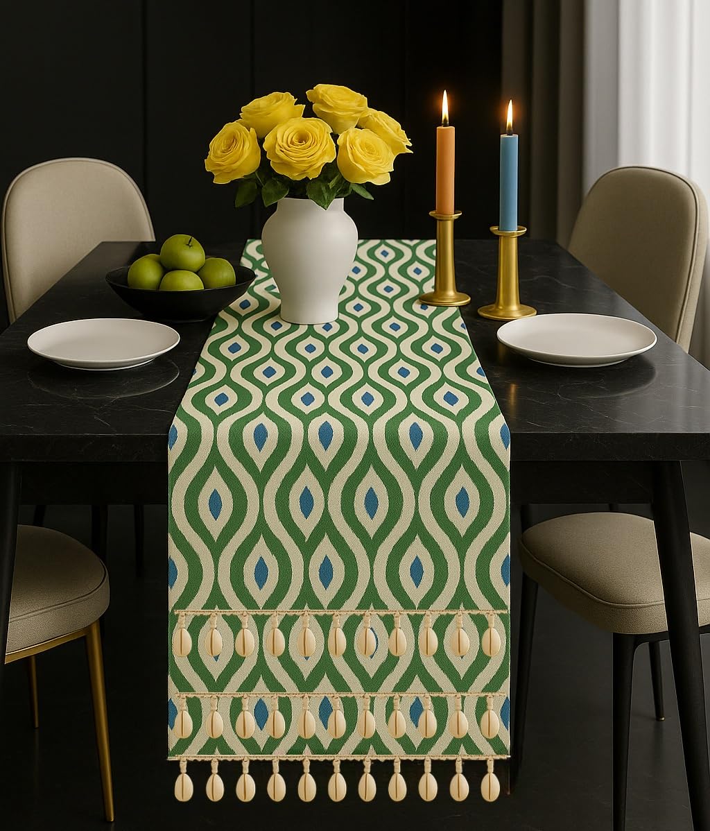 WWW.THROWPILLOW.IN Azure Ikat Print Boho Table Runner with Tassels & Kowri 13x120 Inch| Fits 9 Feet TV Unit, Center Table, Coffee Table, Dining Table, Dresser, Entry Console|Living Room Diwali Decor