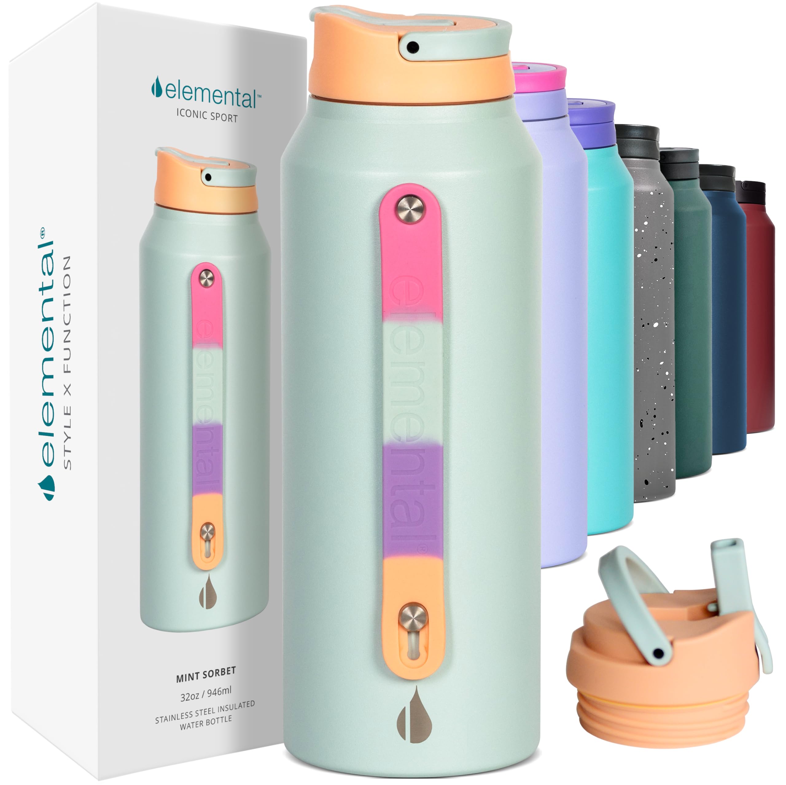 Iconic Stainless Steel Water Bottle with Straw - 32 oz Leak Proof Triple Wall Insulated Water Bottles for Travel and Sports - Reusable Gym Water Bottle with 2 Straws - Mint Sorbet