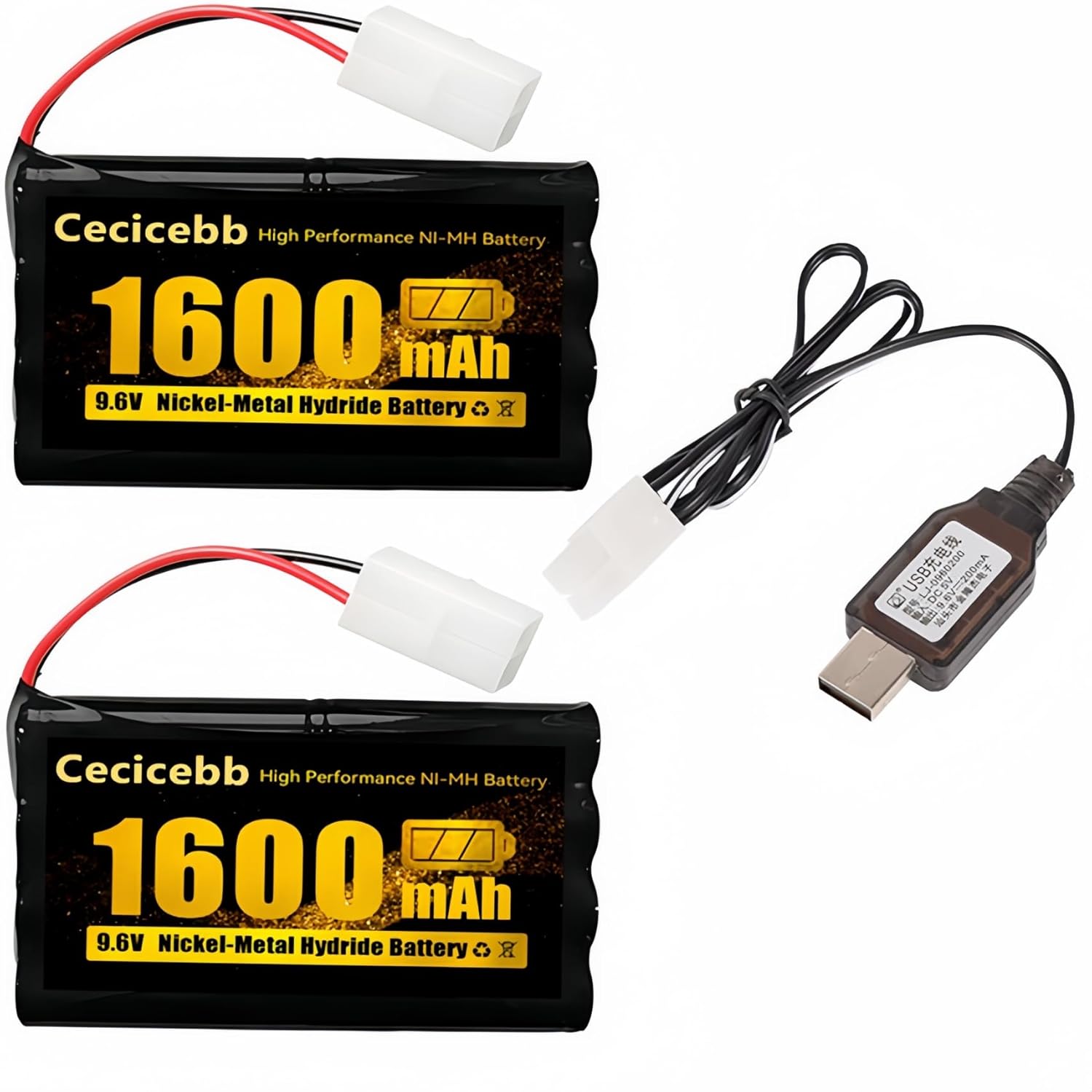9.6V 1600mAh NI-MH Rechargeable Battery Pack with Standard Tamiya for RC Car Boats Robots Vehicles Trucks 2 Pack with 9.6V Battery Charger Cable