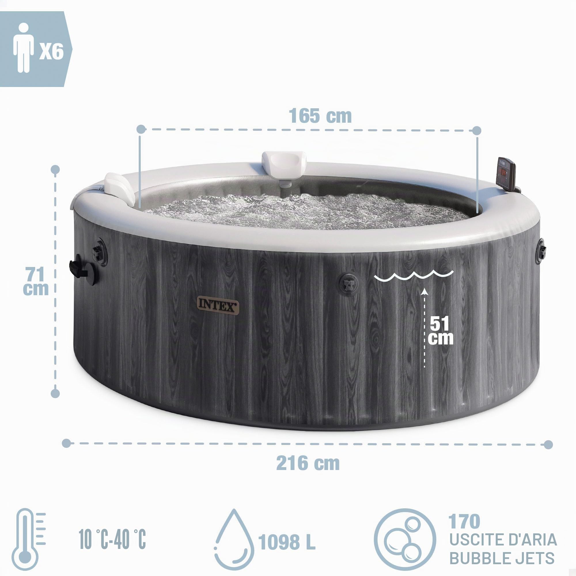 INTEX PureSpa Greywood Deluxe Whirlpool gonfiabile per 6 persone, 1098 l (216 x 71 cm), 170 getti massaggianti, sistema di riscaldamento da 2200 W, controllo app, sistema di addolcimento dell'acqua e