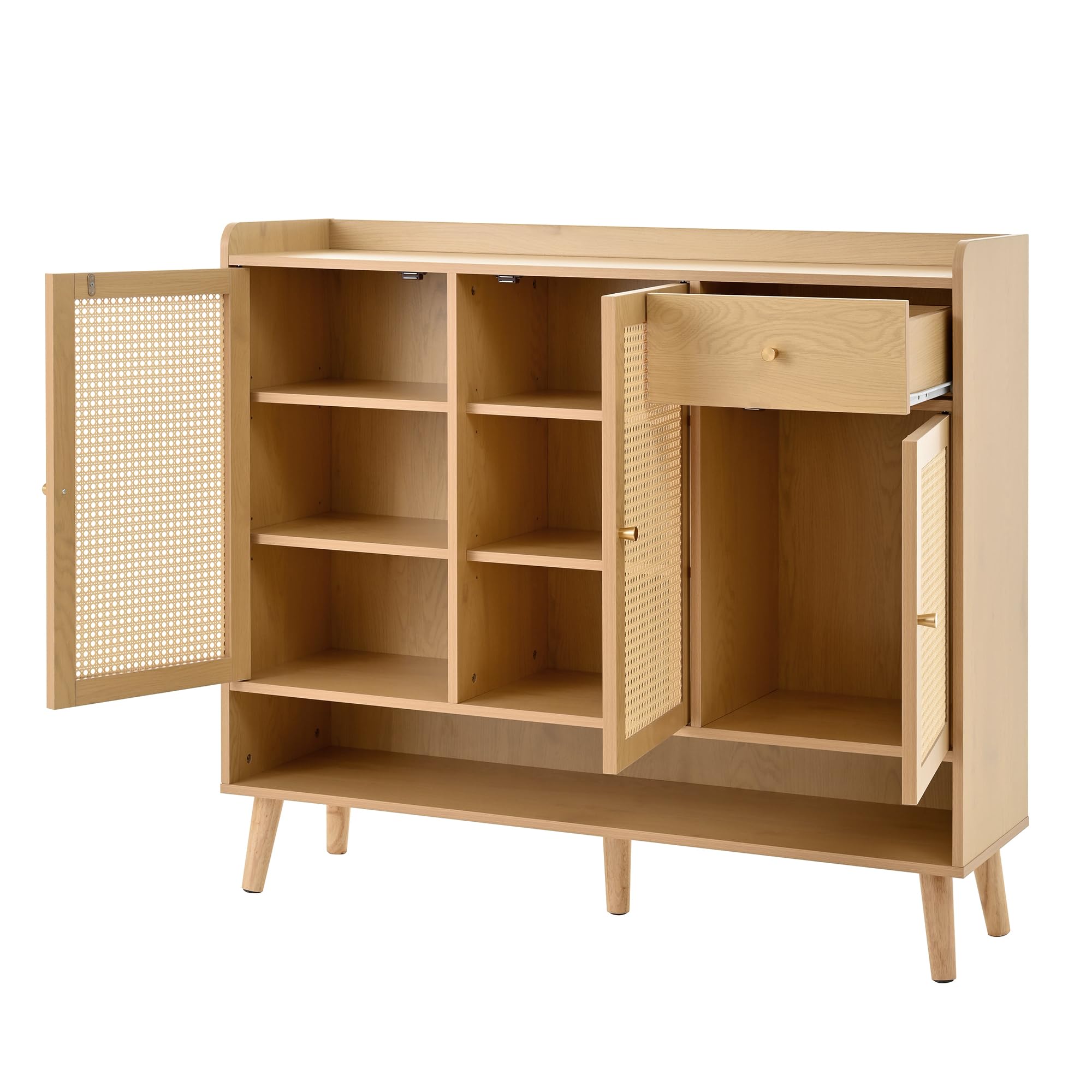 MURUL Zapatero de ratán natural, 120 x 106 x 35 cm, 3 puertas, 1 cajón, 5 estantes, para pasillo, mango de metal, patas de madera maciza