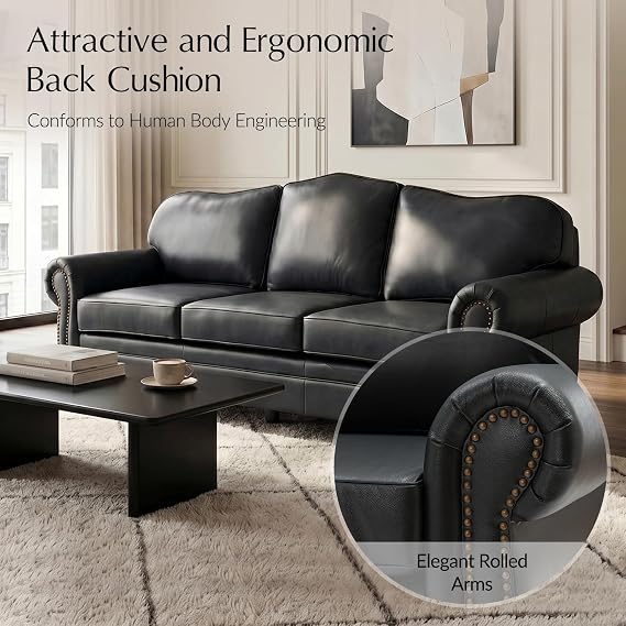 HULALA Home 81 Genuine Leather Sofa with Rolled Armrests, Black
