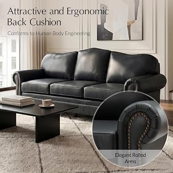 HULALA Home 81 Genuine Leather Sofa with Rolled Armrests, Black