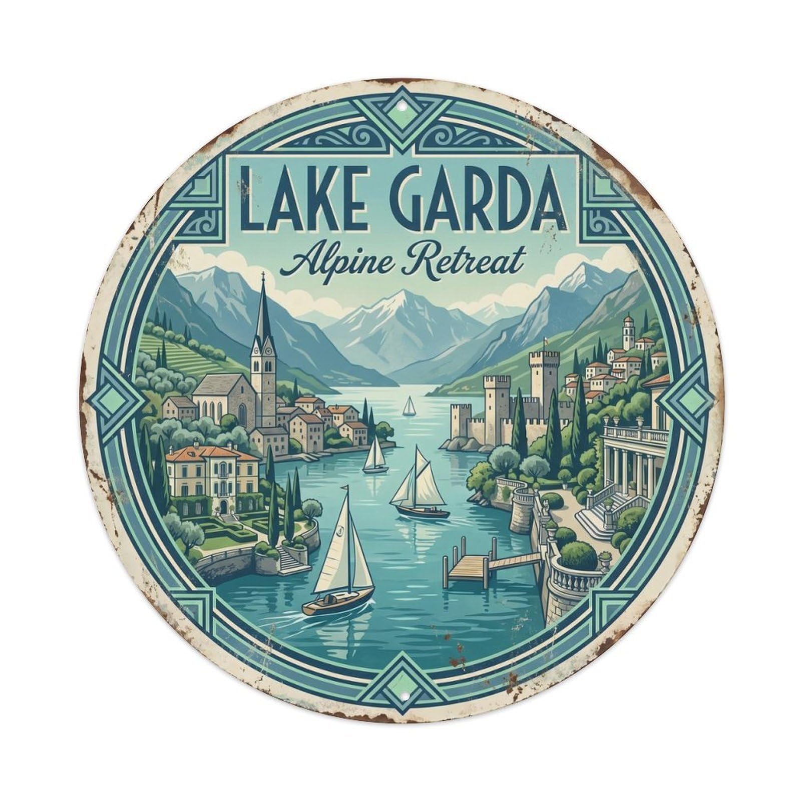 Vintage Travel Lake Garda Retreat Metal Tin Sign Plaque Wall Decor for Cafe, Club Bar, Office, Home Garden Round Metal Poster 8x8Inch