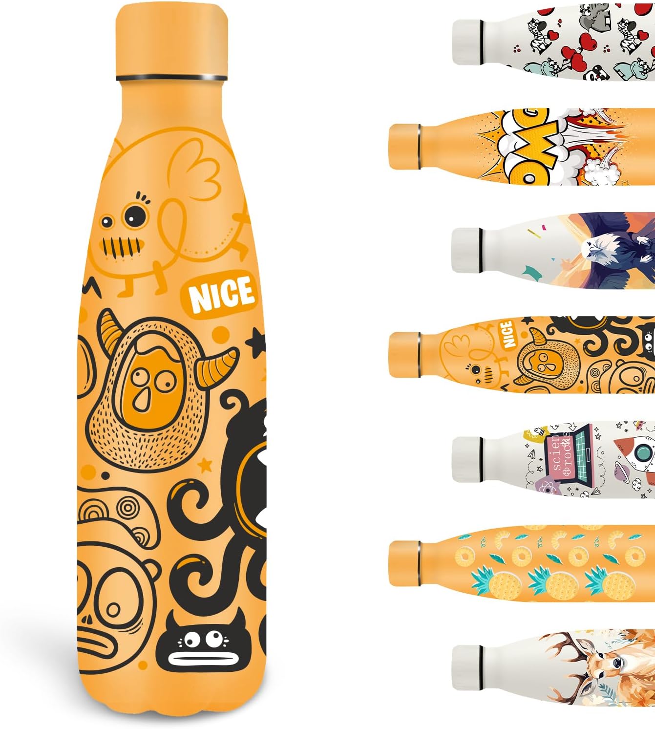 Grsta Stainless Steel Water Bottle, 500 ml, BPA-Free, Sports Leak-Proof, Drinking Bottle Personalised for Boys and Girls, Water Bottle for School, Camping, Running, Yellow