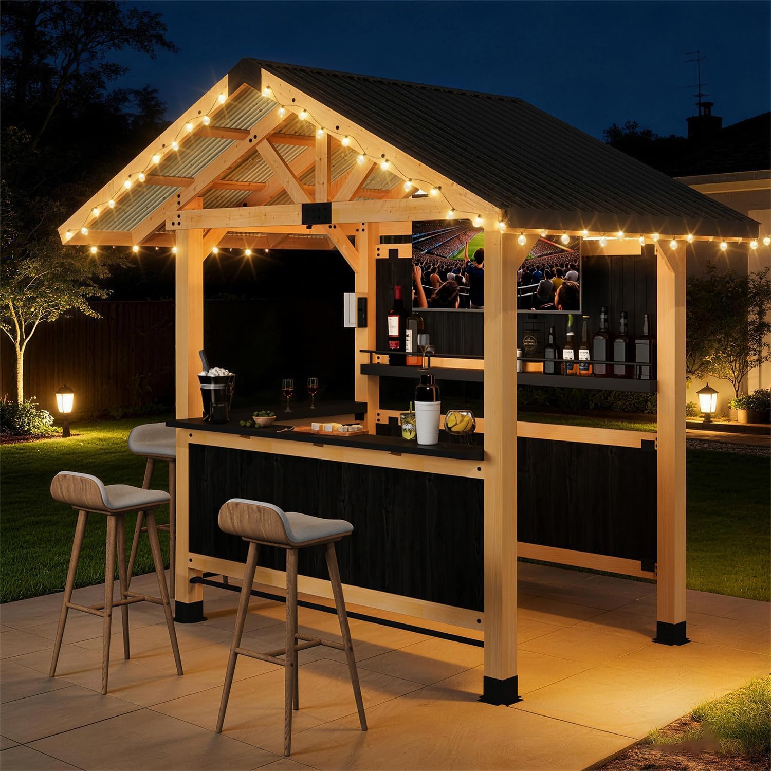EROMMY 9.5' x 6.4' Outdoor Wooden Gazebo Bar Set with Galvanized Steel Roof, 3 Bar Tops, Power Strip & TV Hook, Weather-Resistant for Patio, Garden, Backyard