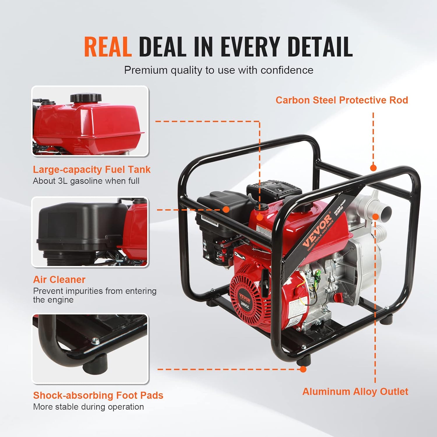 VEVOR Trash Pump 2 inch, 7HP 142 GPM, 4-Cycle Engine, Gas Powered Water Pump 148ft Lift, Gasoline Engine Water Pump 22ft Suction, Water Transfer Pump with 25ft Hose, EPA Certified