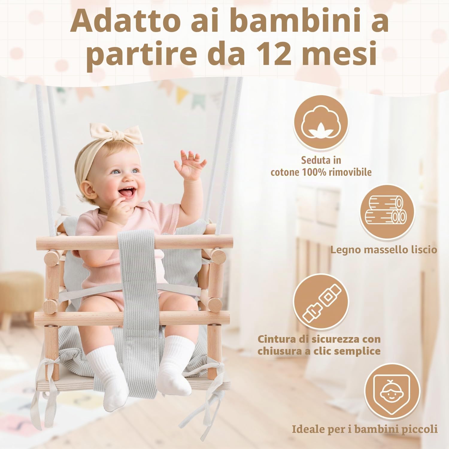 Altalena per Bambini Indoor & Altalena per Bambini Outdoor 3-in-1 in Legno, Regolabile in Altezza (160-260cm) con Cuscino Rimovibile, Per Giardino, Portata 50kg, Da 12 Mesi (Beige Chiaro)