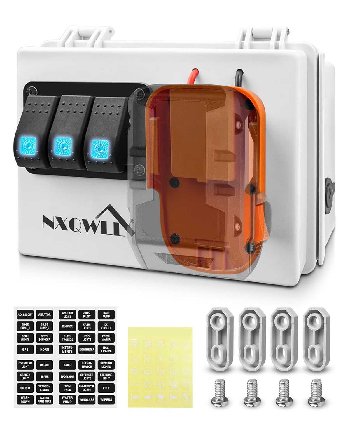 Power Distribution Box with Battery Adapter Fits for Ridgid 18V Battery, Power Adapter Box for Rv Truck Trailer Warehouse, with Dual USB Charger & Low Voltage Protection, Battery Not Included