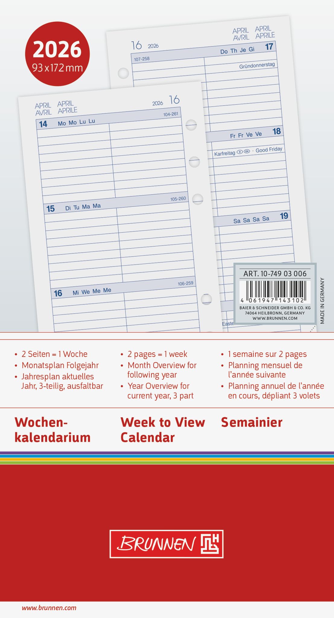 BRUNNEN Filius Weekly Calendar 2026 93 x 172 mm