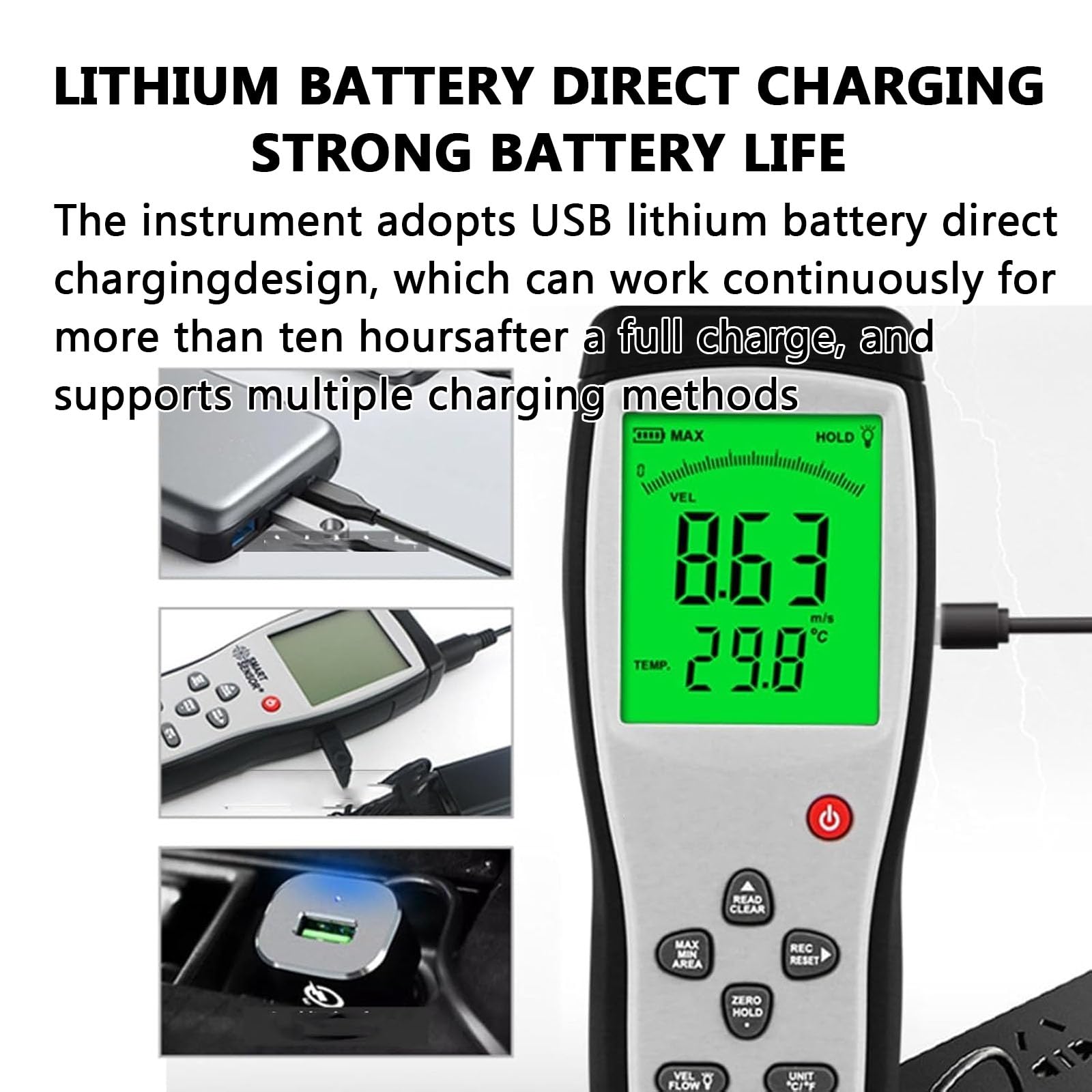 Anemómetro Térmico, Medidor De Velocidad del Flujo De Aire, Medidor De Velocidad del Viento, Pantalla LCD Grande, Rango De Medición De 0 a 30 M/s, Ideal para Campanas De Flujo