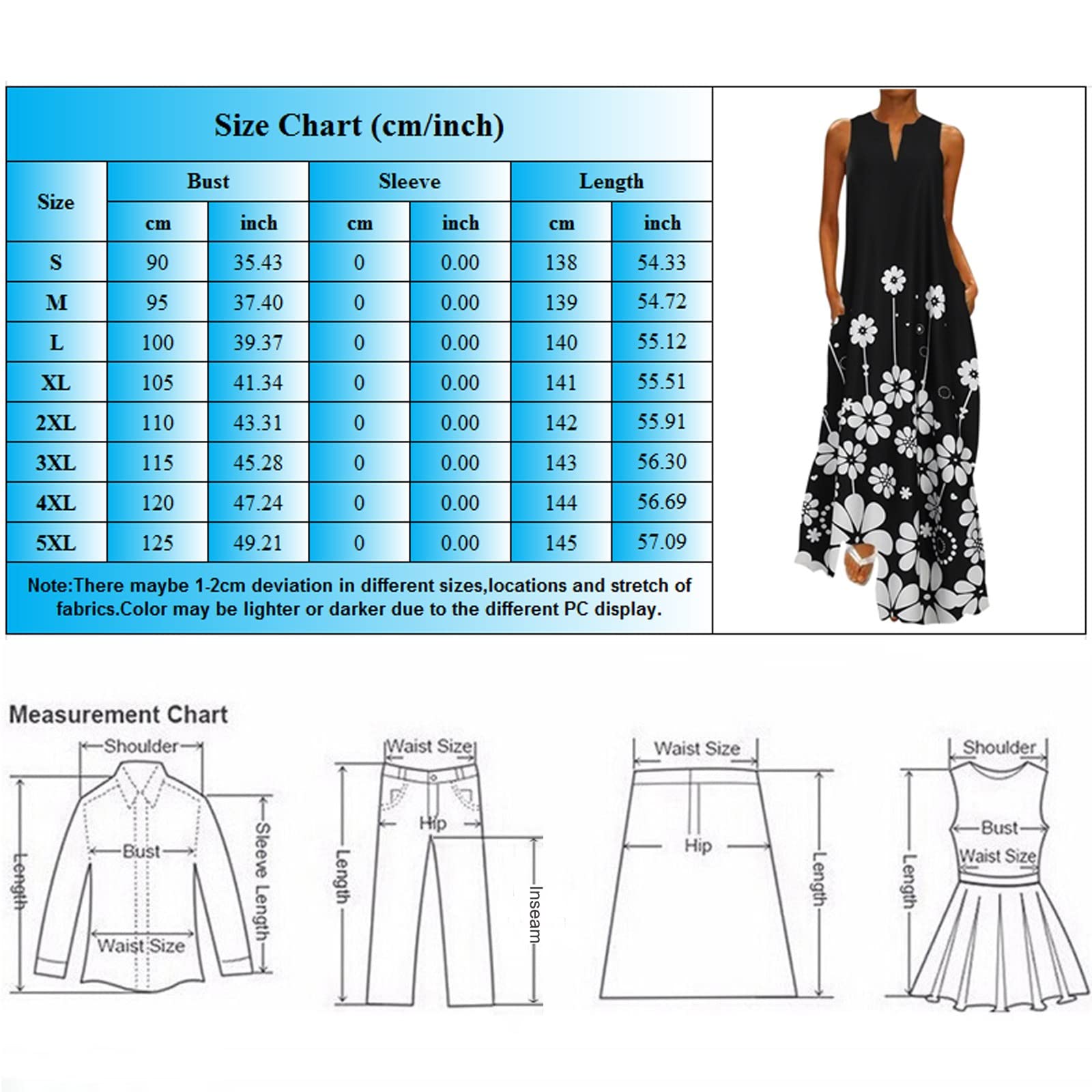 Abito da Gala Abiti Neri da Donna Taglie Forti Donna Estate Casual Senza Maniche Stampa con Scollo a V Maxi Abito Ampio Boho Beach Long Sundress
