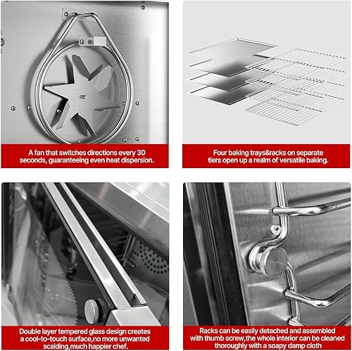 Miniatura 5 de CROSSON Horno de convección de tamaño medio de 68L, horno tostador comercial de 4 niveles con puerta frontal de vidrio, 4 juegos de bandejas y