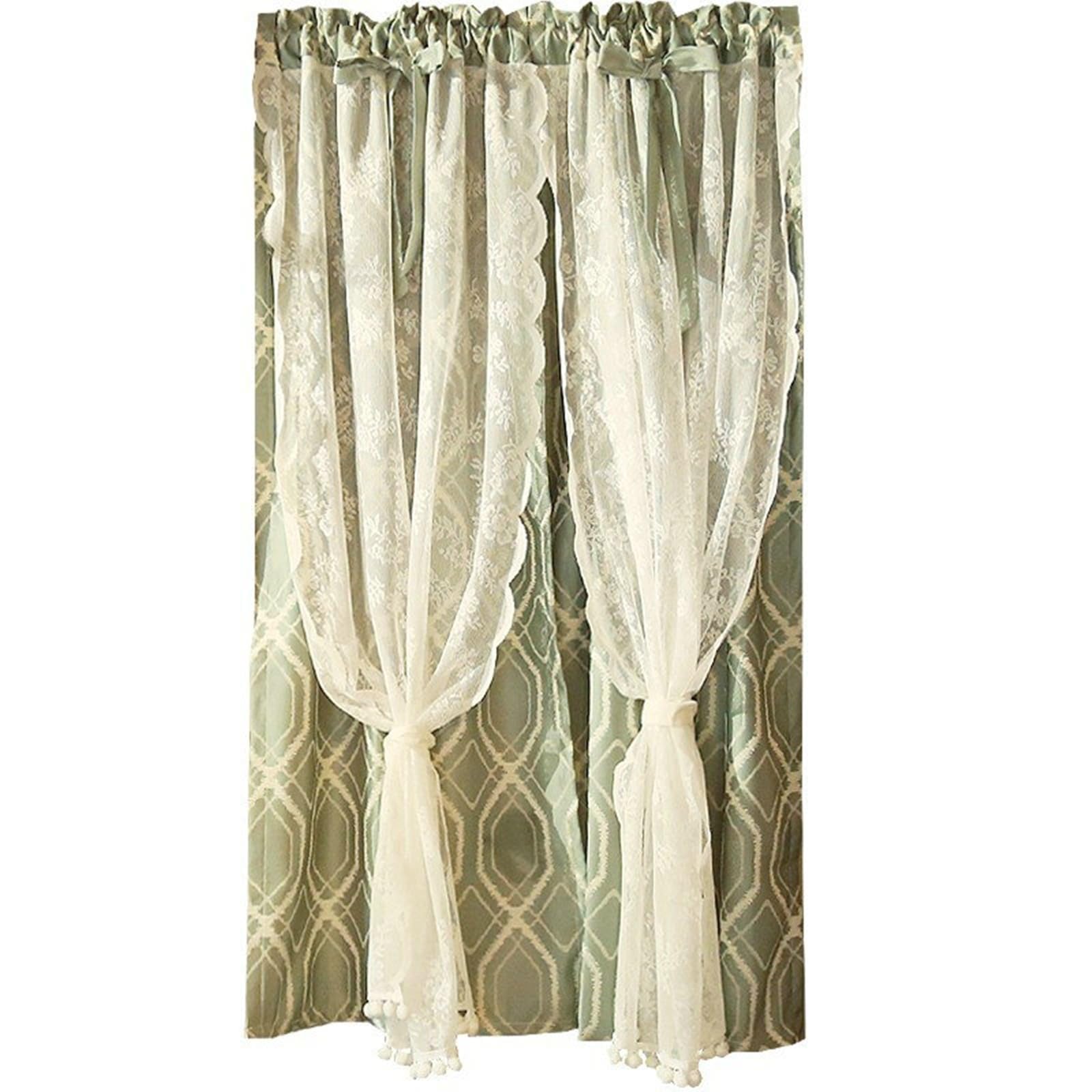 AMDXD Visillos opacos para baño, color azul claro, blanco, 65 x 100 cm, doble capa con encaje y geometría, visillo moderno, 2 piezas, juego de 2 unidades, cortina opaca de poliéster con bolsillos