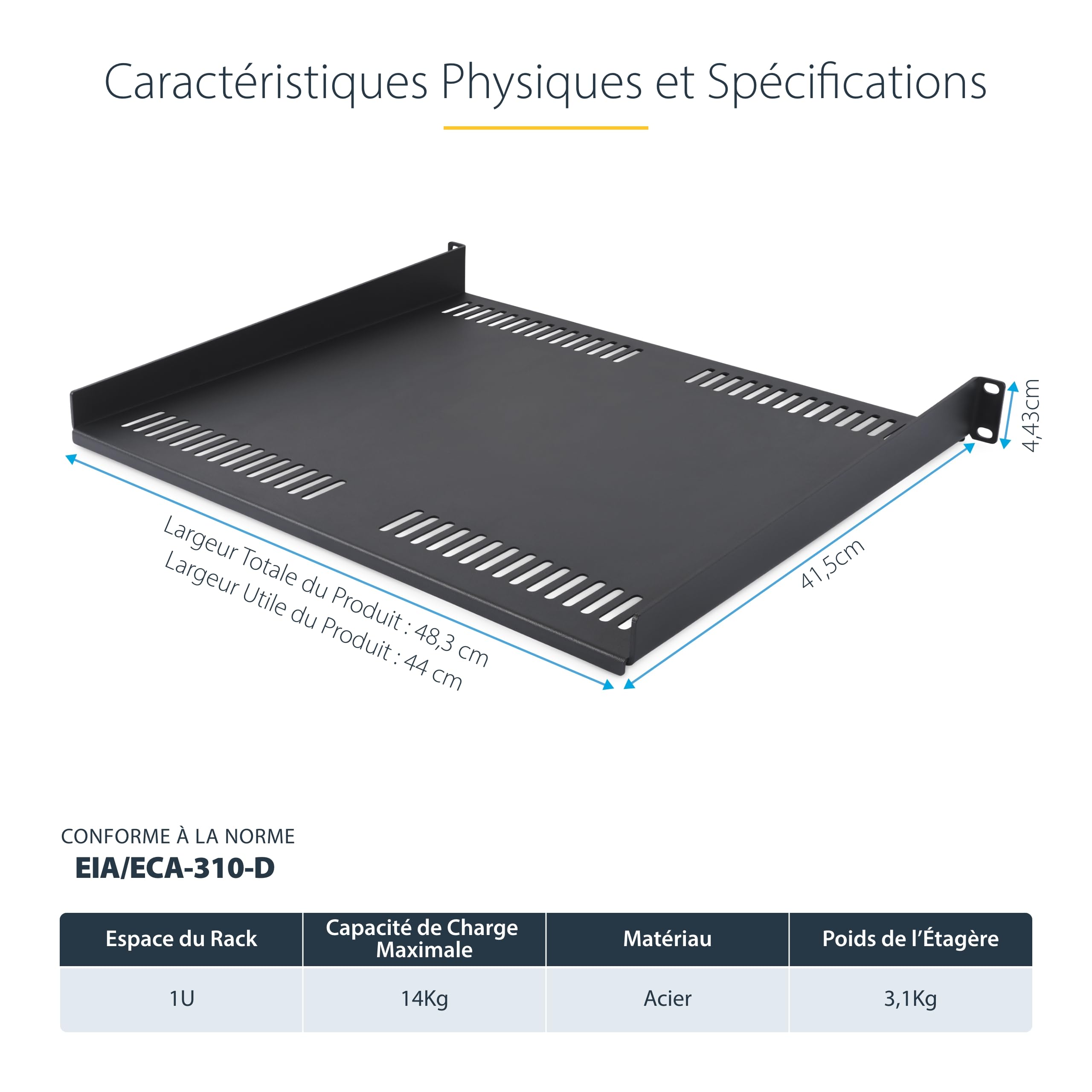 StarTech.COM Étagère 1U Ventilée pour Rack de Serveur, Profondeur de Montage de 40cm, Acier, Max 14kg, Écrous et Vis