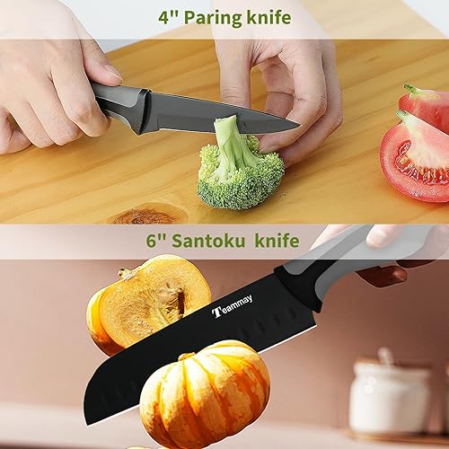 Miniatura 6 de Juego de cuchillos de cocina de 4 piezas, incluye cuchillo Santoku, cuchillo de pelar, tijeras multiusos y pelador, acero inoxidable alemán de alto