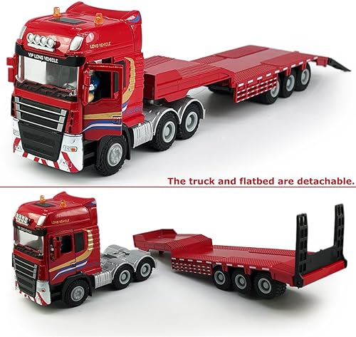 Miniatura 3 de Camión de juguete de cama plana con excavadora sobre orugas de juguete, tractor de remolque de transporte de camión de remolque de metal fundido a