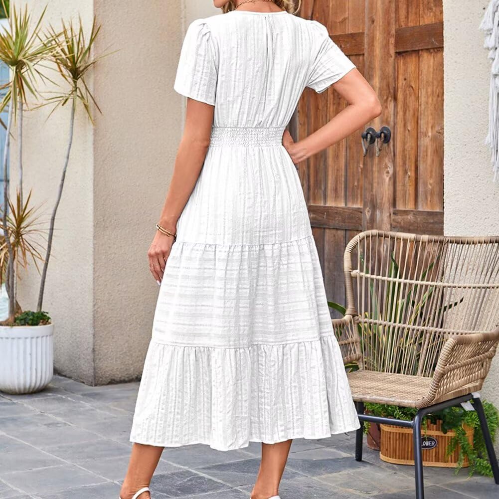 Women’s Cotton Maxi Dress Short Sleeve V Neck Lightweight Casual Everyday Dress with Pockets - Image 2