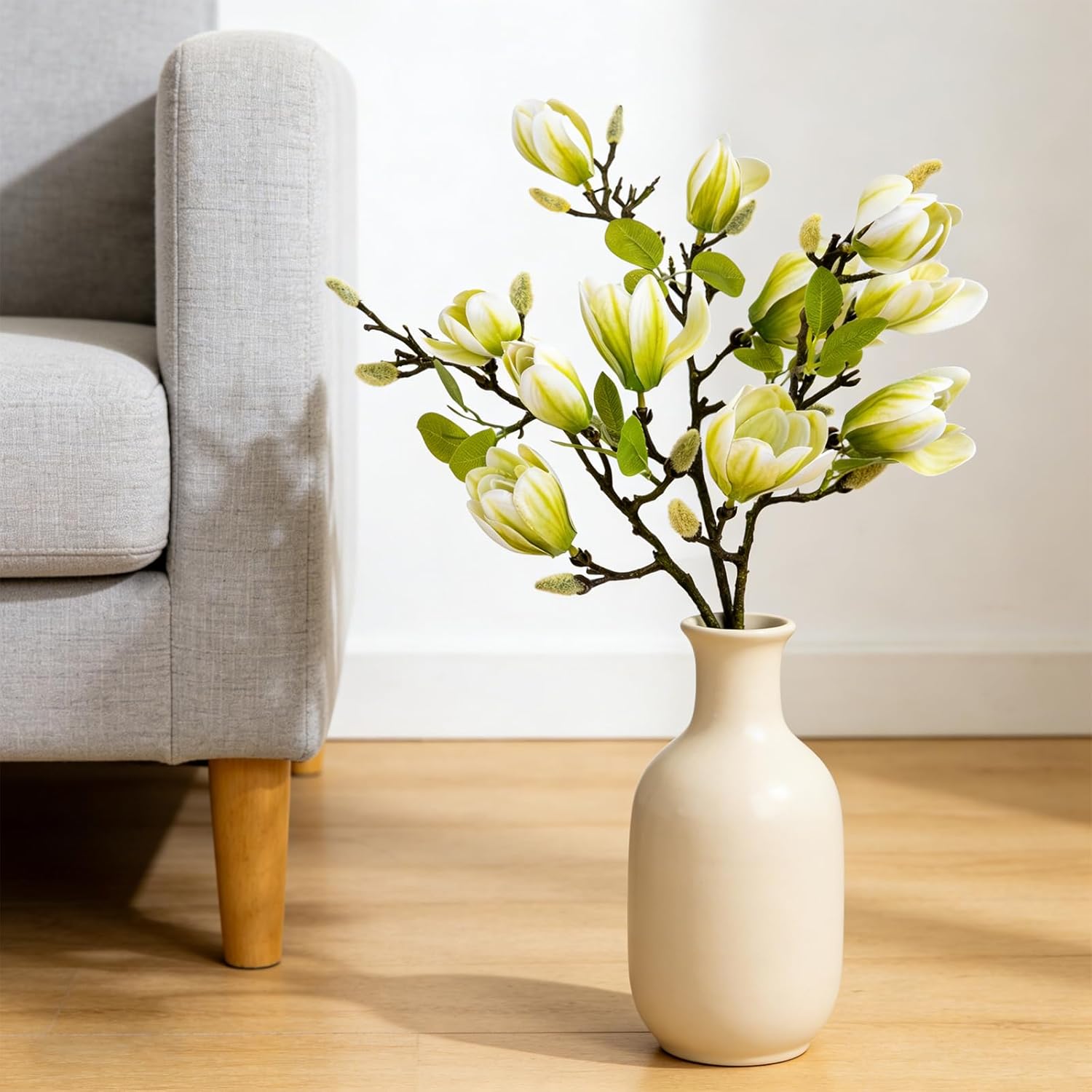 6 PCS 27inch Artificial Magnolia Flowers 3D Real Touch 24 Heads Faux Magnolia Flower buds Realistic Long Stem with lush Green Leaves for Home Wedding Table Office Floral Arrangement Decoration (Green)