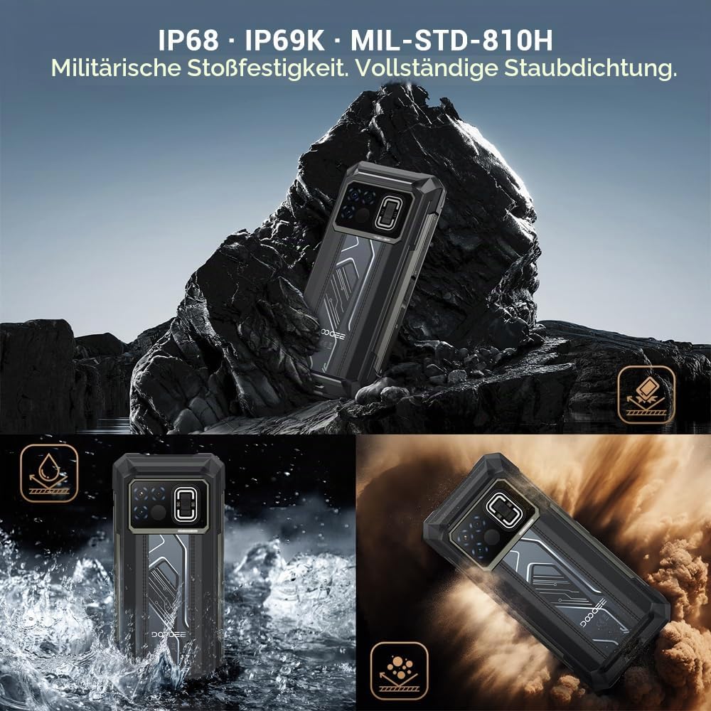 Fire 6 Max 5G Thermal Outdoor Handy Ohne Vertrag, 20GB+256GB, 20800mAh/33W großem Akku Smartphone, 50MP+20MP Infrarot+16MP, 6.72" FHD+120Hz Android 14 Baustellenhandy, NFC/Face ID/WiFi6 (Schwarz)