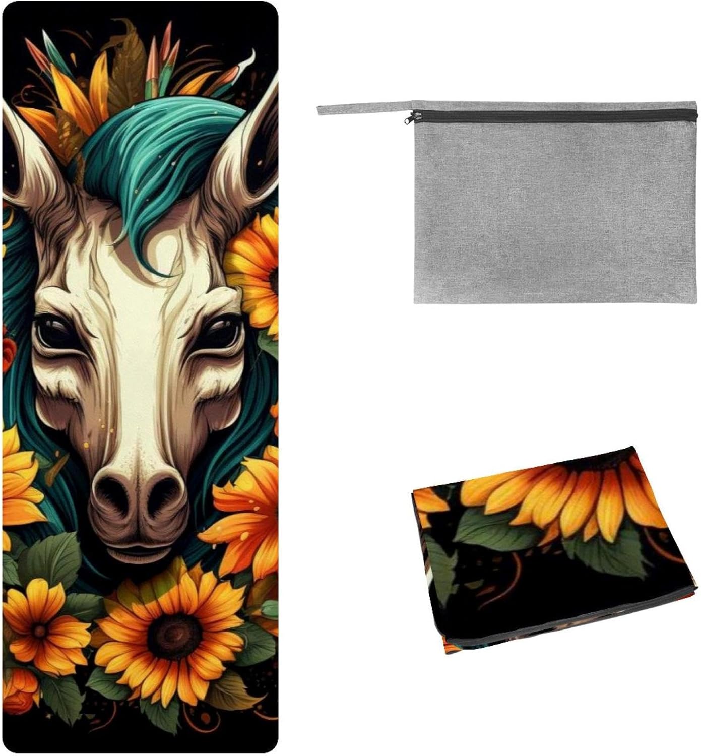 Yoga Towel, Unicorn Skull Horse Sunflower Non Slip Sweat Absorbent Hot Yoga Mat Towel for Hot Yoga, Pilates and Fitness - 72.8" x 26.8"