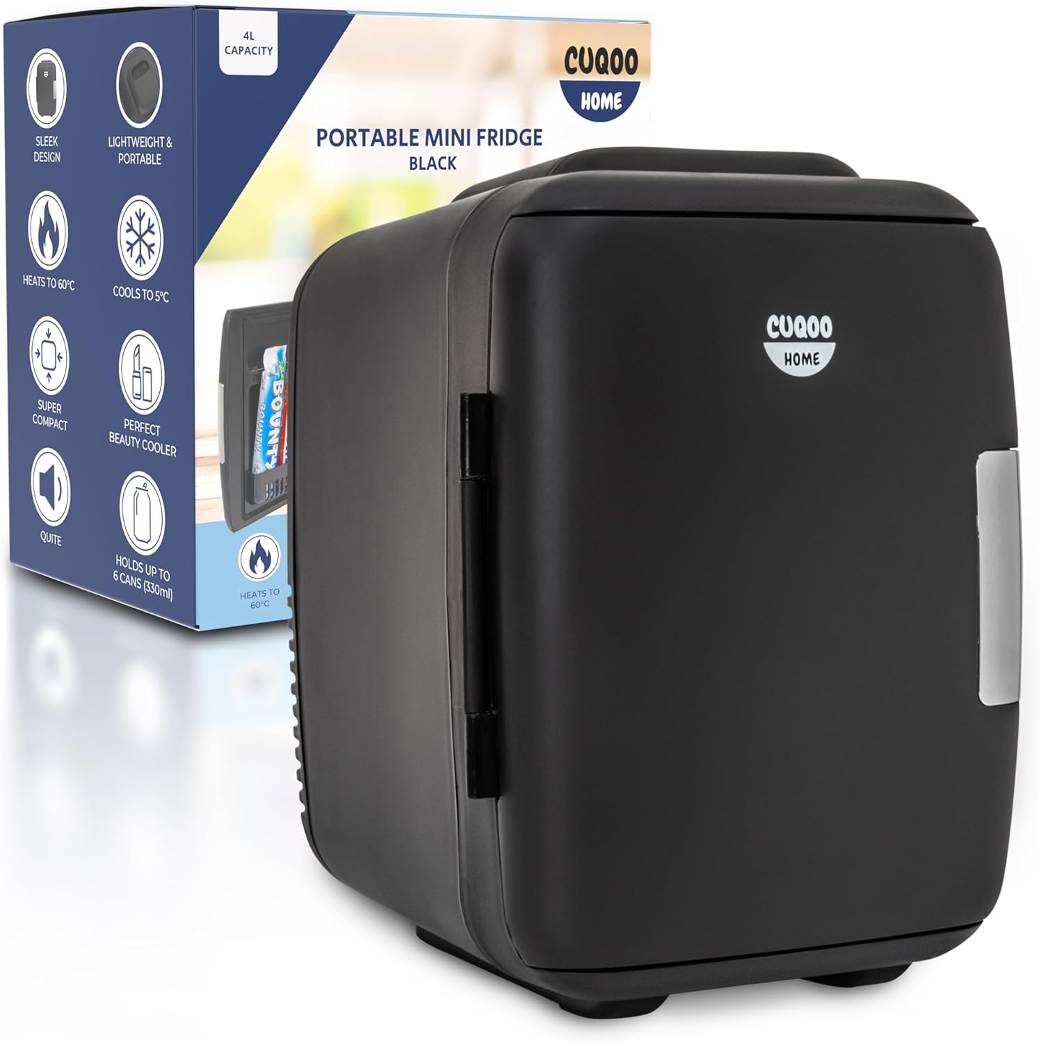 CUQOO 4L Portable Mini Fridge for Bedrooms Quiet Black Luxury Table