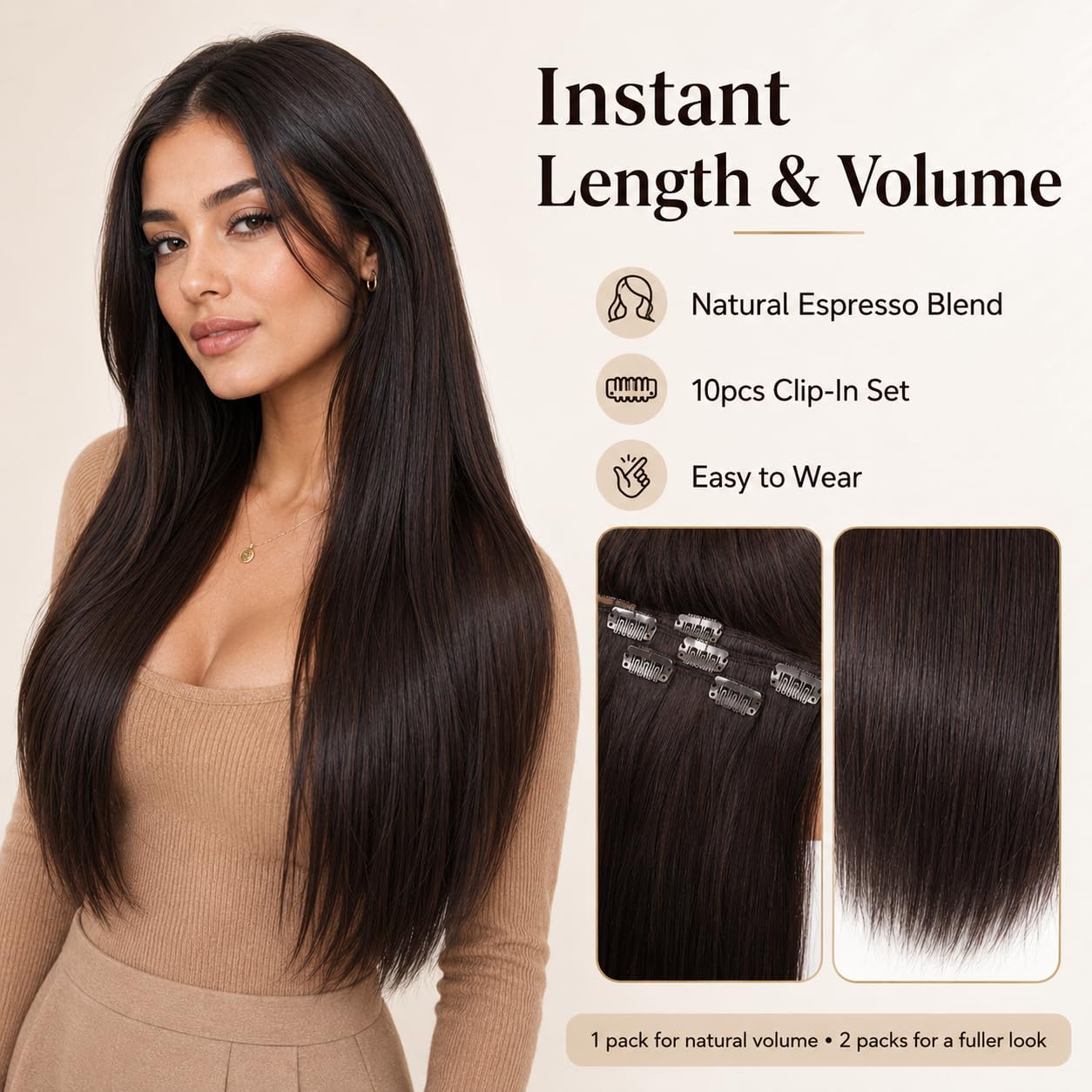 18 Inch Clip in Human Hair Extensions, 10pcs 100g Straight Remy Hair, Color 2 Espresso Double Weft Clip Ins for Women, Finished Length 20 Inch