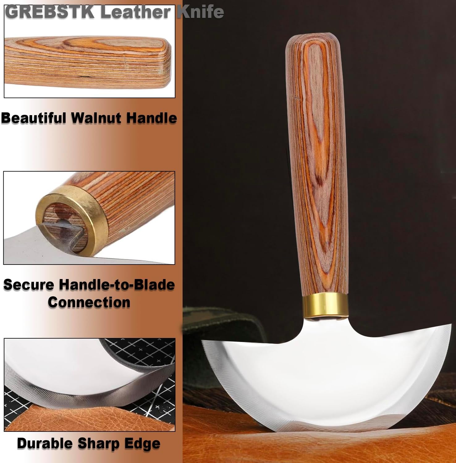 GREBSTK Round Head Leather Knife - High Carbon Steel Half Moon Skiving & Cutting Tool for Leather Craft DIY, Belts - Walnut Handle (Professional/Beginner Tool)