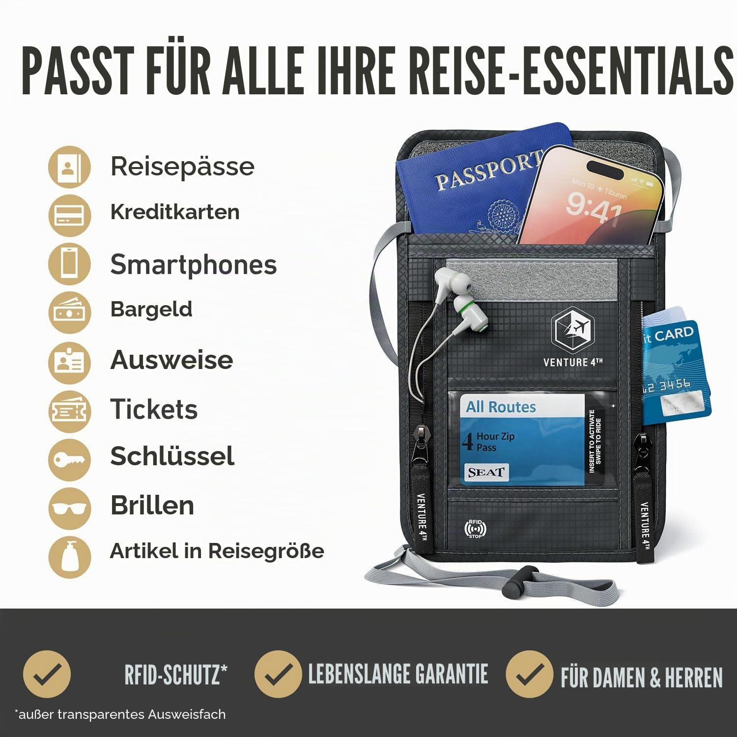 VENTURE 4TH Umhängeband, RFID-blockierend, Reisepasshülle für Reisen, versteckter Brustbeutel mit 6 Fächern, schlanker, Leichter Organizer mit verstellbarem Gurt, strapazierfähiges Nylon für Bargeld