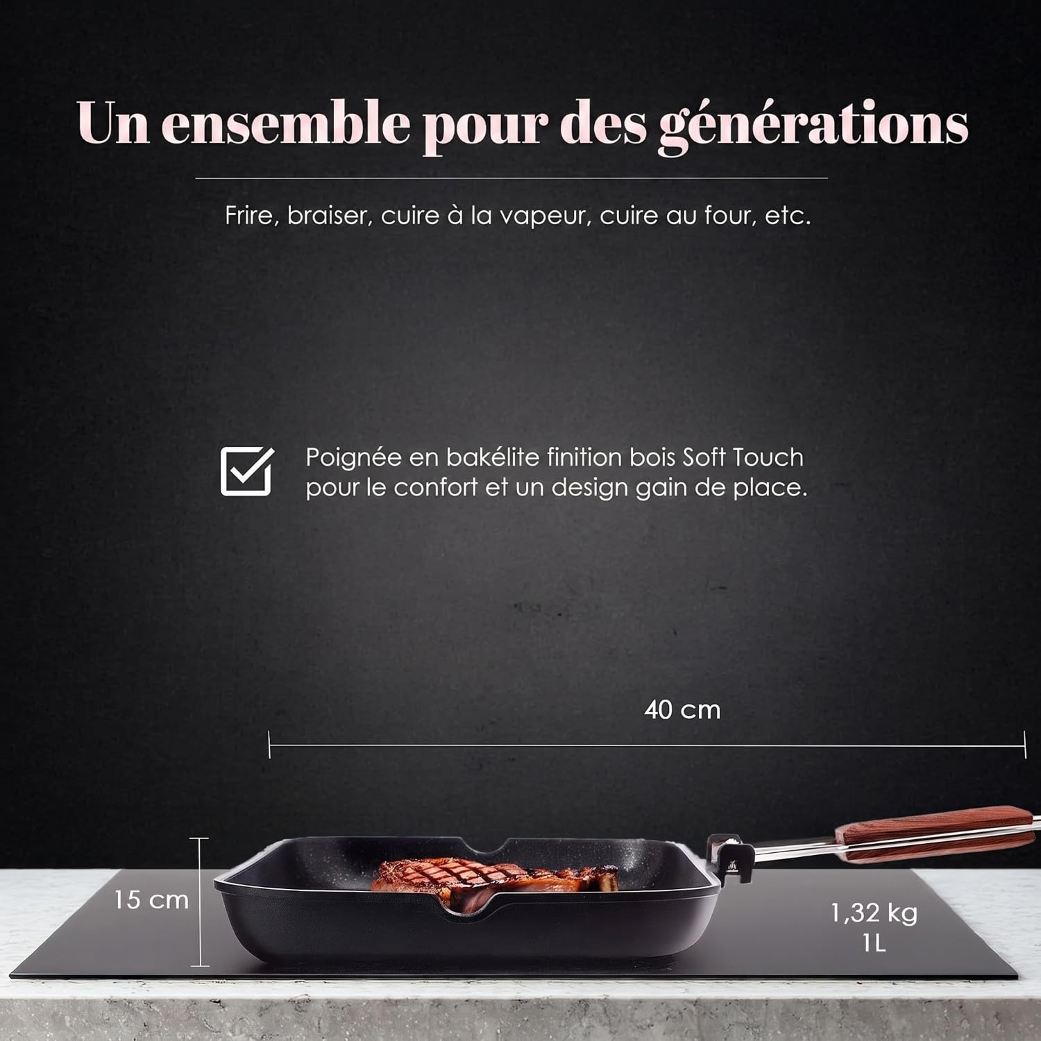 WECOOK! Ecostone Poêle à Griller Induction Ondulé, 34 x 24 cm, Antiadhésive ILAG Écologique sans PFOA, Fonte d'Aluminium, Épaisseur 5 mm, Poignée en Bois Pliable, Vitrocéramique, Gaz