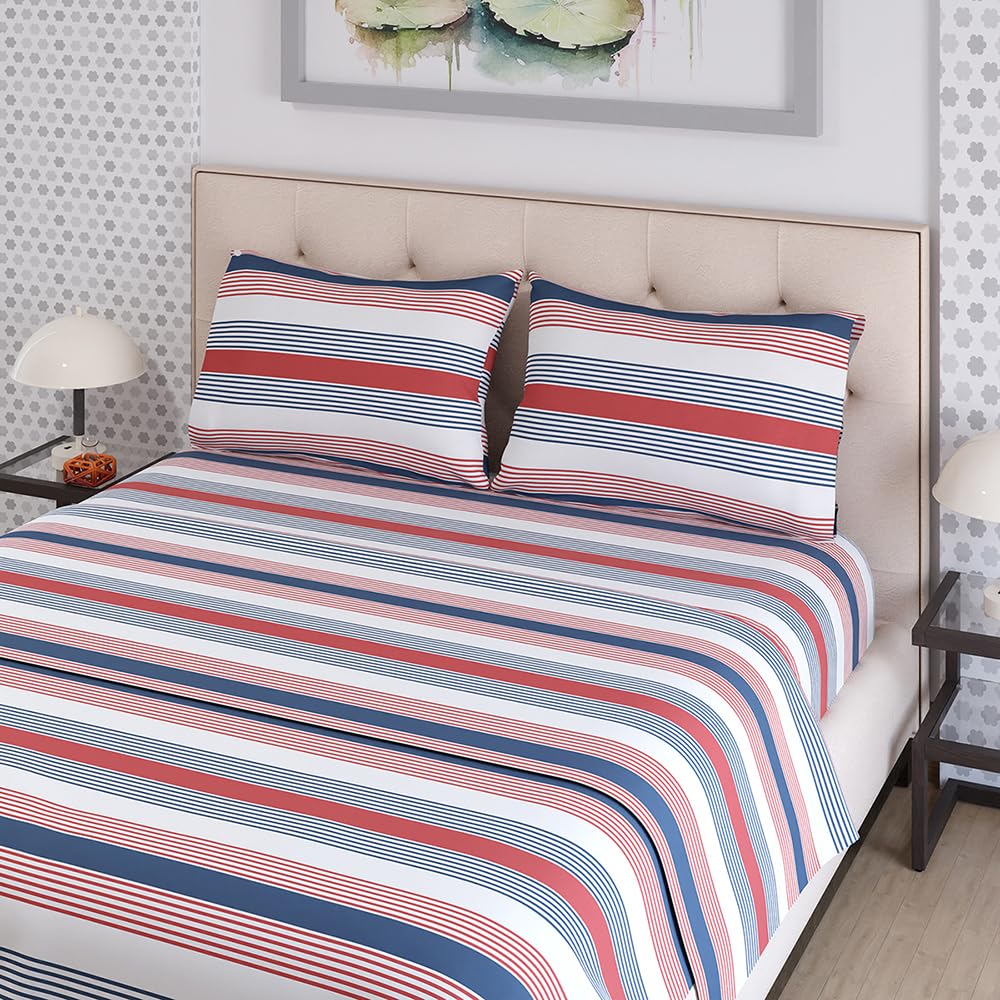 Queen Size Striped Bedsheet Set - Blue & Red -2