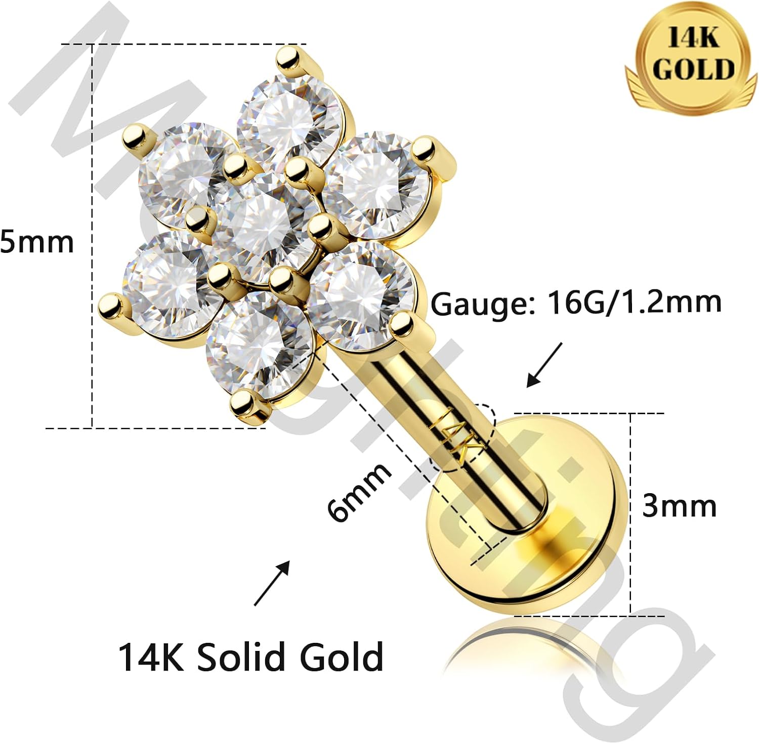 Melighting 14K Solid Gold Cartilage Earring - 16G Gold Flower Helix Piercing Jewelry - Internally Threaded Curved CZ Flat Back Earring - 8mm