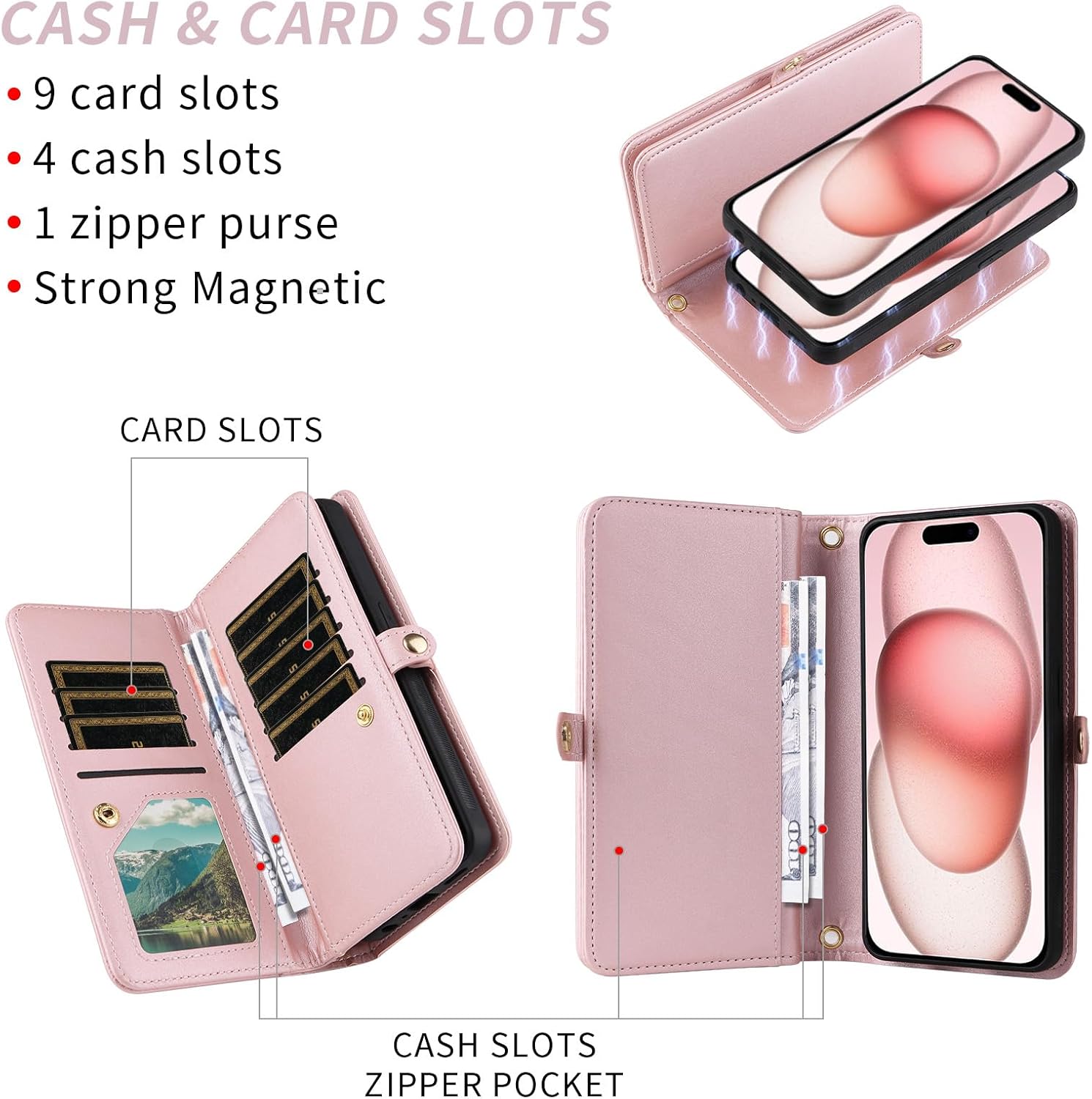 Asuwish Phone Case for iPhone 15 6.1 inch Zipper Wallet Detachable Cell Cover with Tempered Glass Screen Protector Strap Bling Glitter Flip Card Holder Slot i Phone15 i15 15Case Women Men Girls Pink