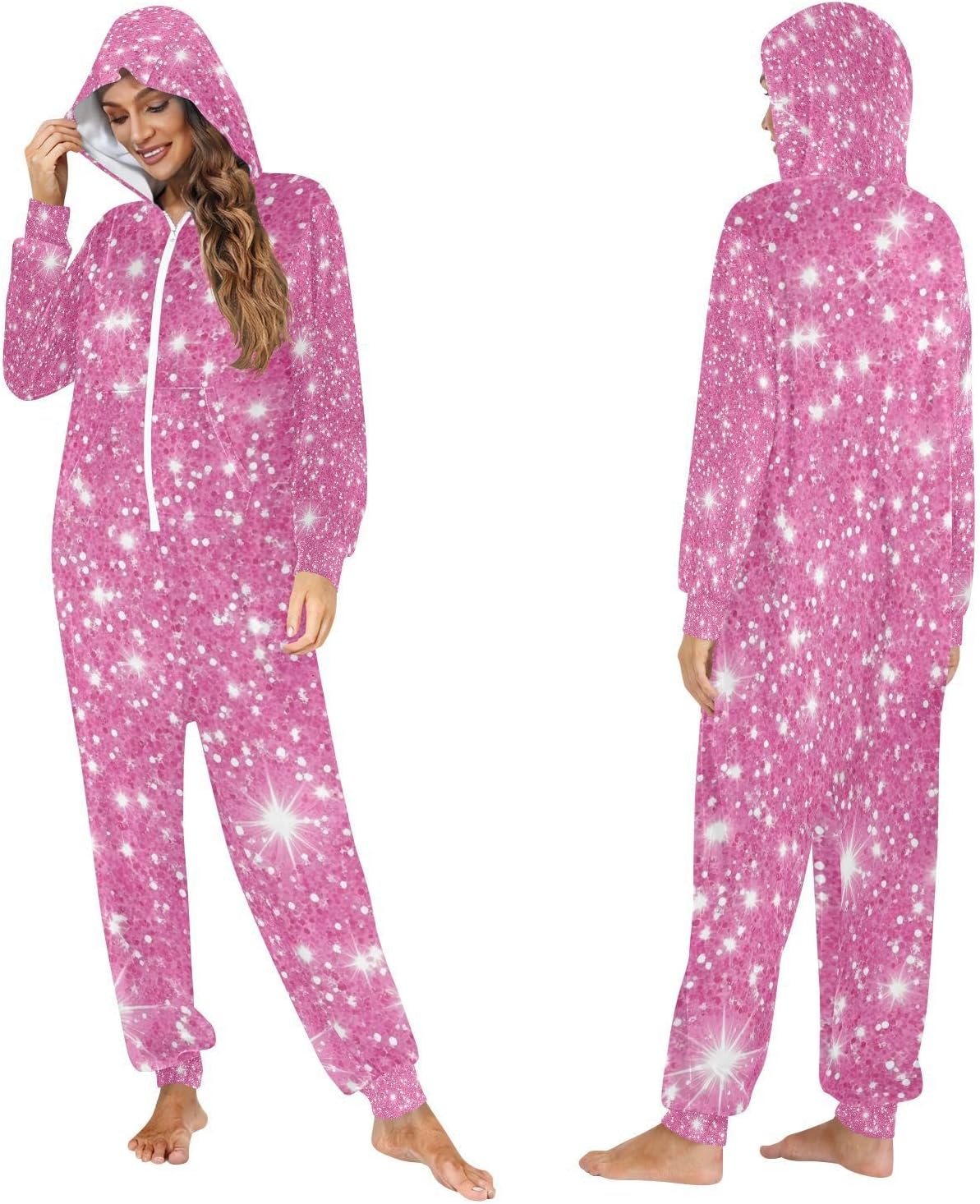 Pink Shiny Glitter Pattern Unisex Adult Onesie Pajamas Comfy One Piece Costume Jumpsuits Novelty Sleepwear Homewear for Men Women