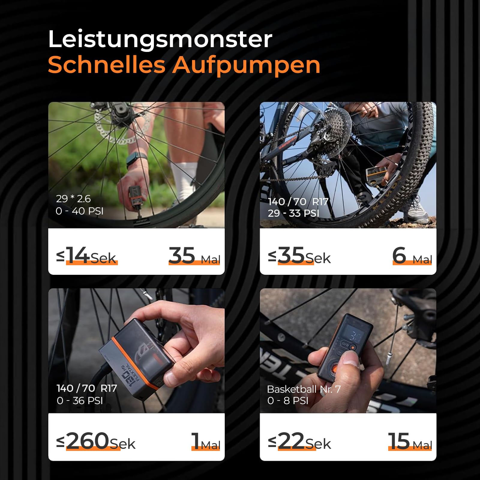 FLEXTAILGEAR Mini Fahrradpumpe Elektrisch, 130 PSI Tragbar mit Manometer & Rücklicht, Automatische Abschaltung, Presta & Schrader-Ventil für E-Bike, Mountainbike, City- & Rennrad