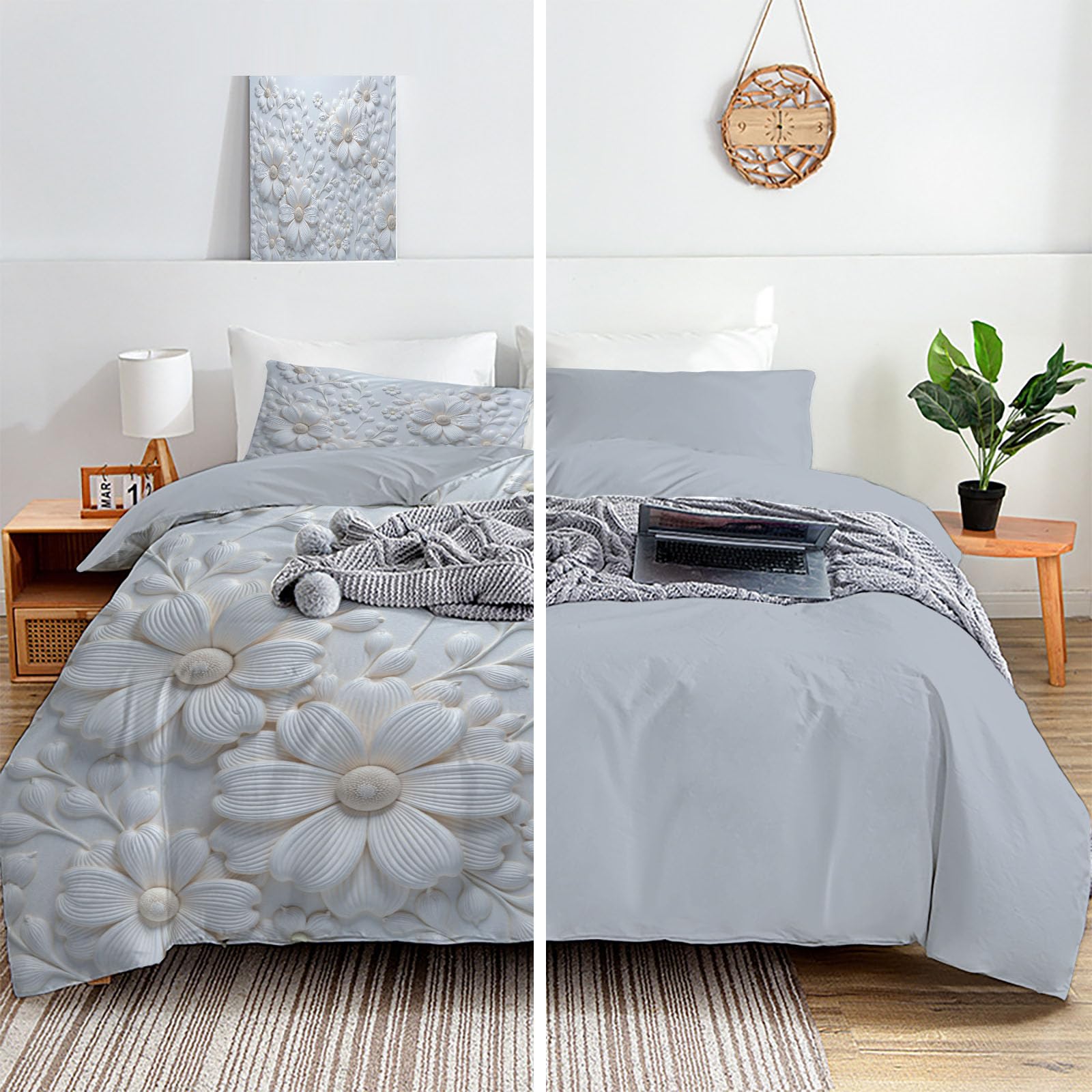 Copripiumino Matrimoniale Fiori Che Sbocciano, Set di Biancheria da Letto Microfibra 3 Pezzi, Parure Copri Piumino 260x240CM e 2 Federa 50x75, Beige Copritrapunta con Cerniera