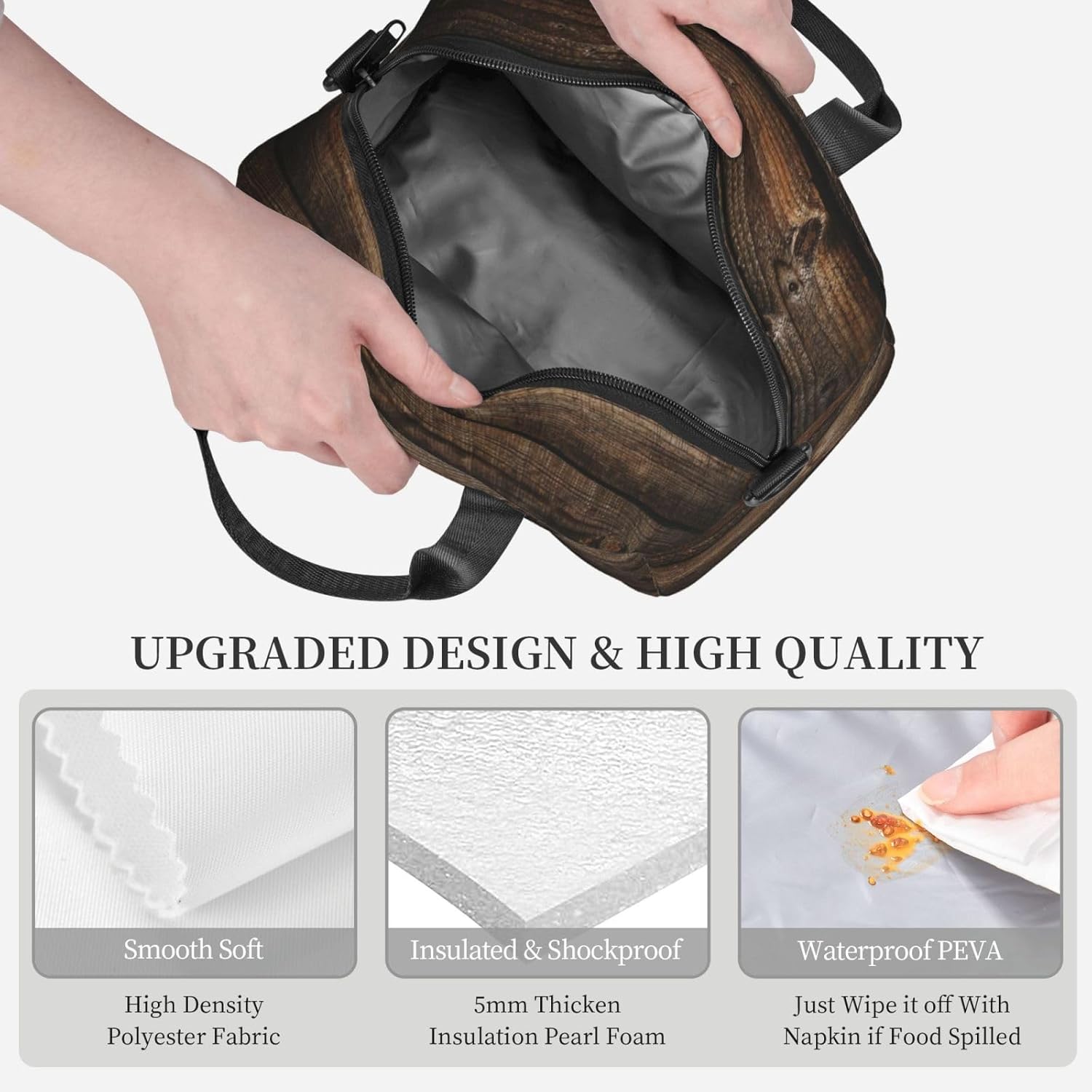 Brown Wooden Print Reusable Lunch Bag Insulated Lunch Boxes for Office Work Picnic Tote Bag Adjustable