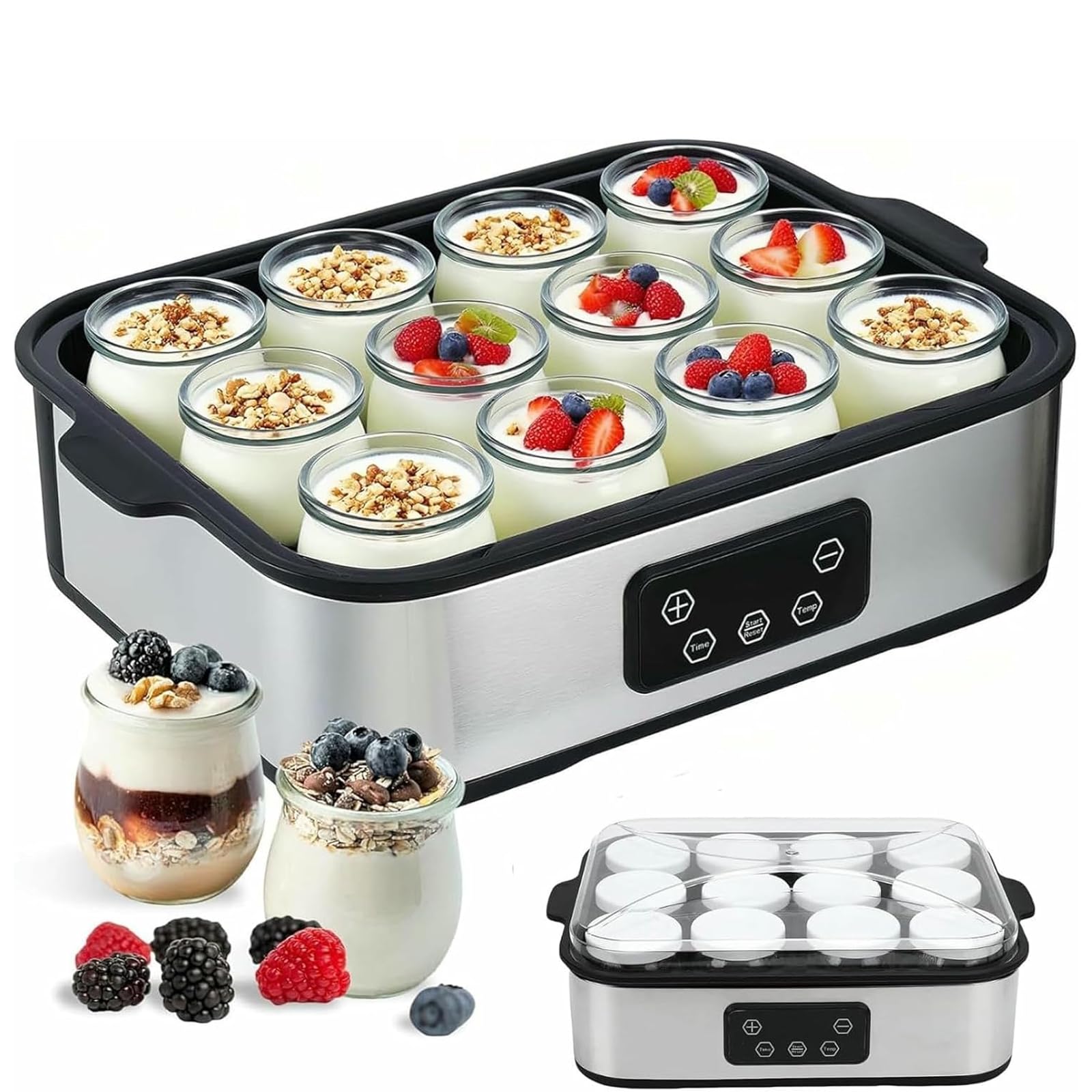 Máquina automática de Yogur con Pantalla LED y 12 tarros, yogurtera eléctrica de 2160 ml, Control de Tiempo y Temperatura Ajustable de 48 Horas, para postres caseros orgánicos