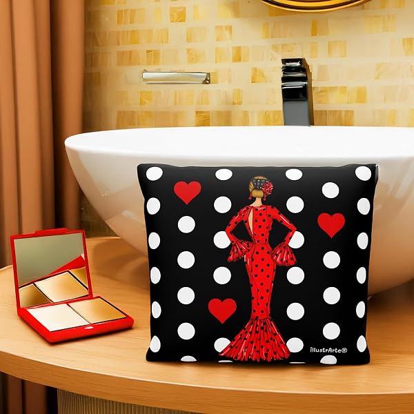 Trousse de Toilette Flamenco Sevilla « Maria Rouge » – Design Double Face – Fond Noir à Pois Blancs – 25x26 cm – imperméable – Trousse Femme ou Voyage - 2