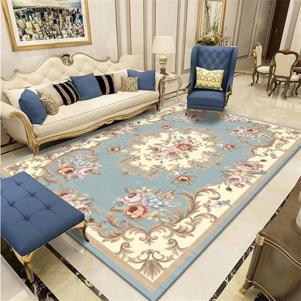 Tapis de chambre enfant bleu floral rétro 90x150cm à poil ras