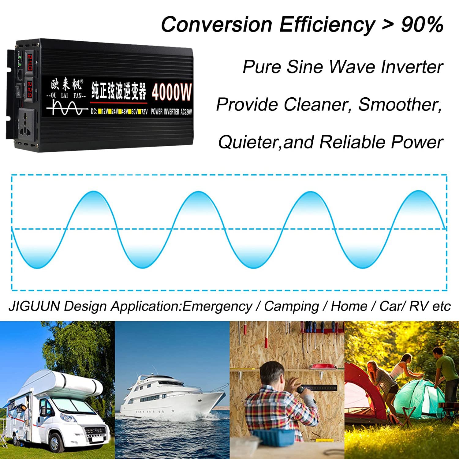 Falownik solarny z wyświetlaczem LCD, przetwornica napięcia 12 V/24 V/48 V/60 V na 220 V/230 V, generator baterii (4000 W 12 V)