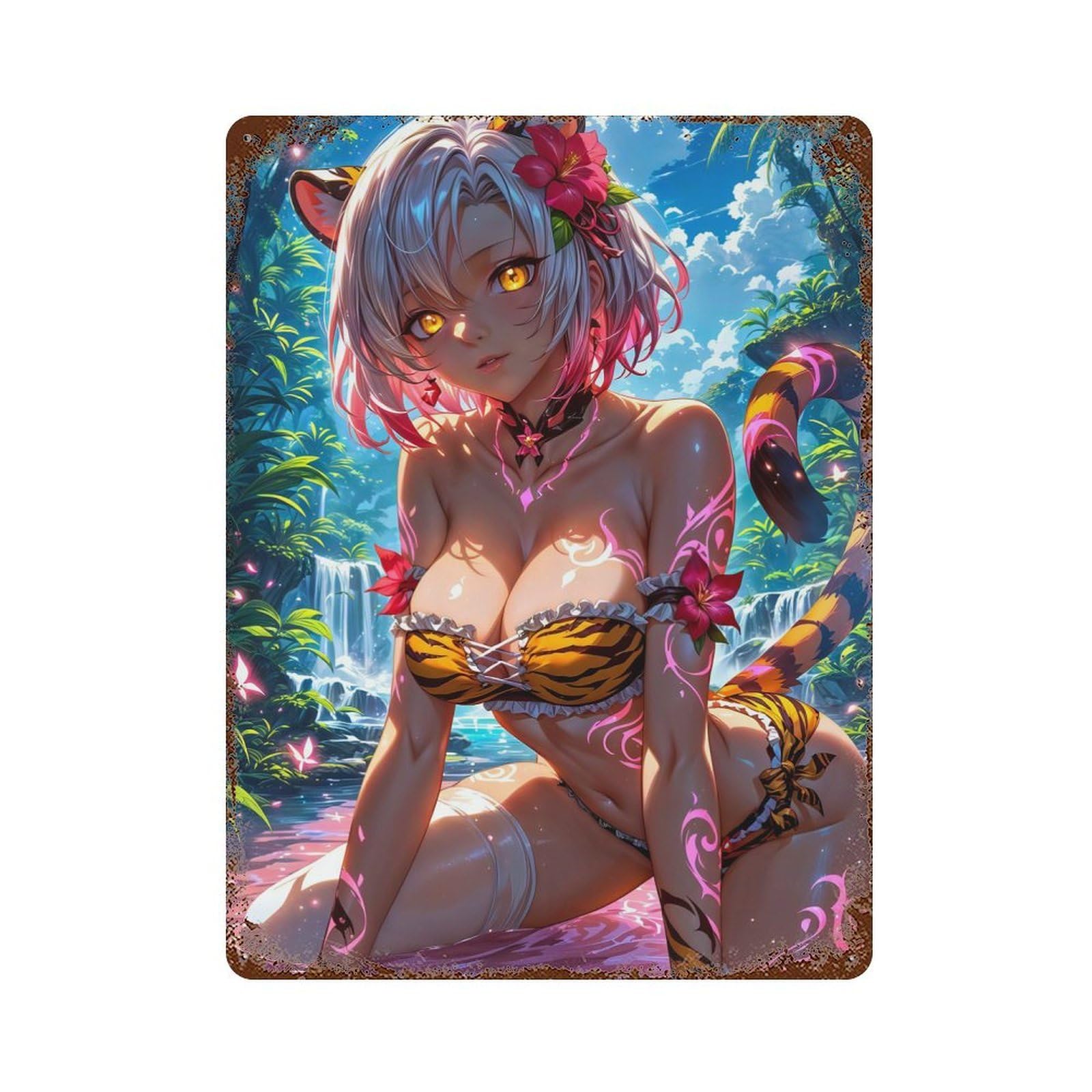 Garage Style Tiger Anime Girl Weathered Tin Sign 15.7"x11.8", Shabby Chic Decor for Bar And Workshop