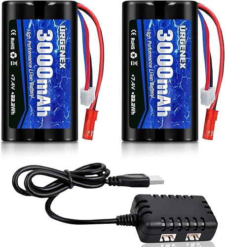 URGENEX Batería de iones de litio de 3000 mAh 7.4 V con enchufe JST de alta capacidad 2S Batería RC recargable con 1 a 2 cargador USB apto para