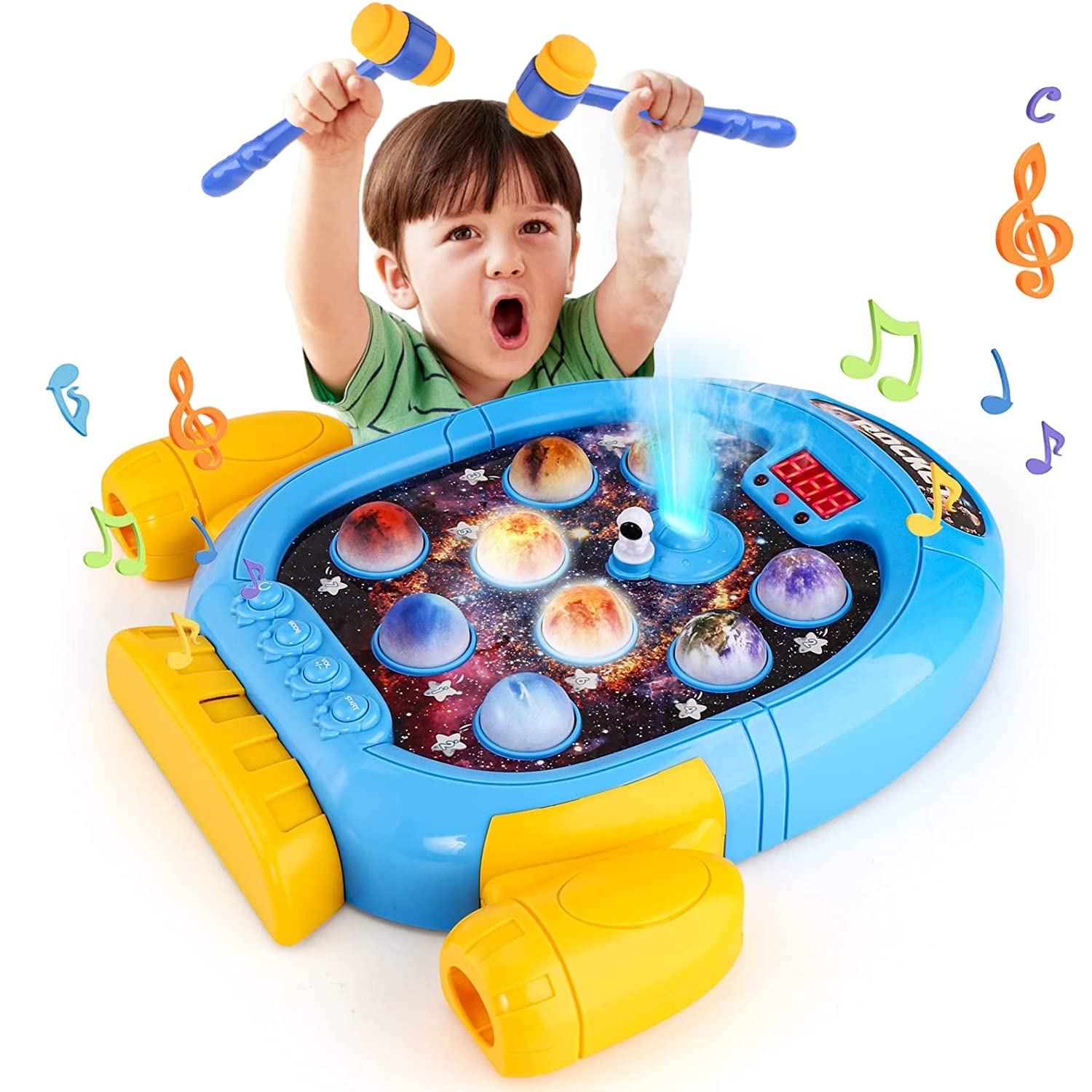 6 Modes Whack A Mole Game for Toddlers, Space Whack A Planet Toys for Boys 2 3+ Years, Toddlers Musical Early Learning Toy with 2 Soft Hammers, Built-in Lightup & Spray Function, 9 Planets, 45 Levels