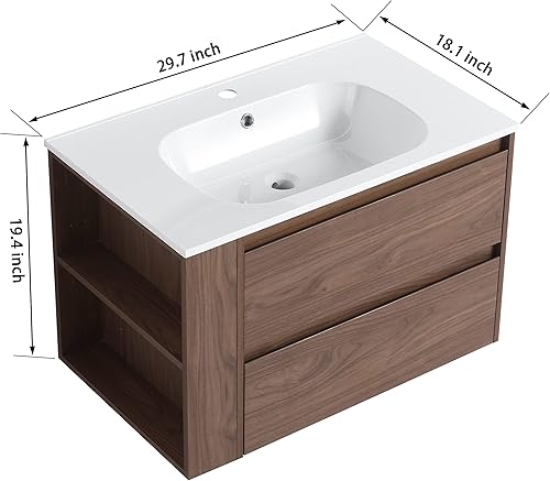 Miniatura 2 de Pvillez Juego de tocador de baño de 30 pulgadas con lavabo, montado en la pared con lavabo de gel blanco brillante y estante abierto ajustable,