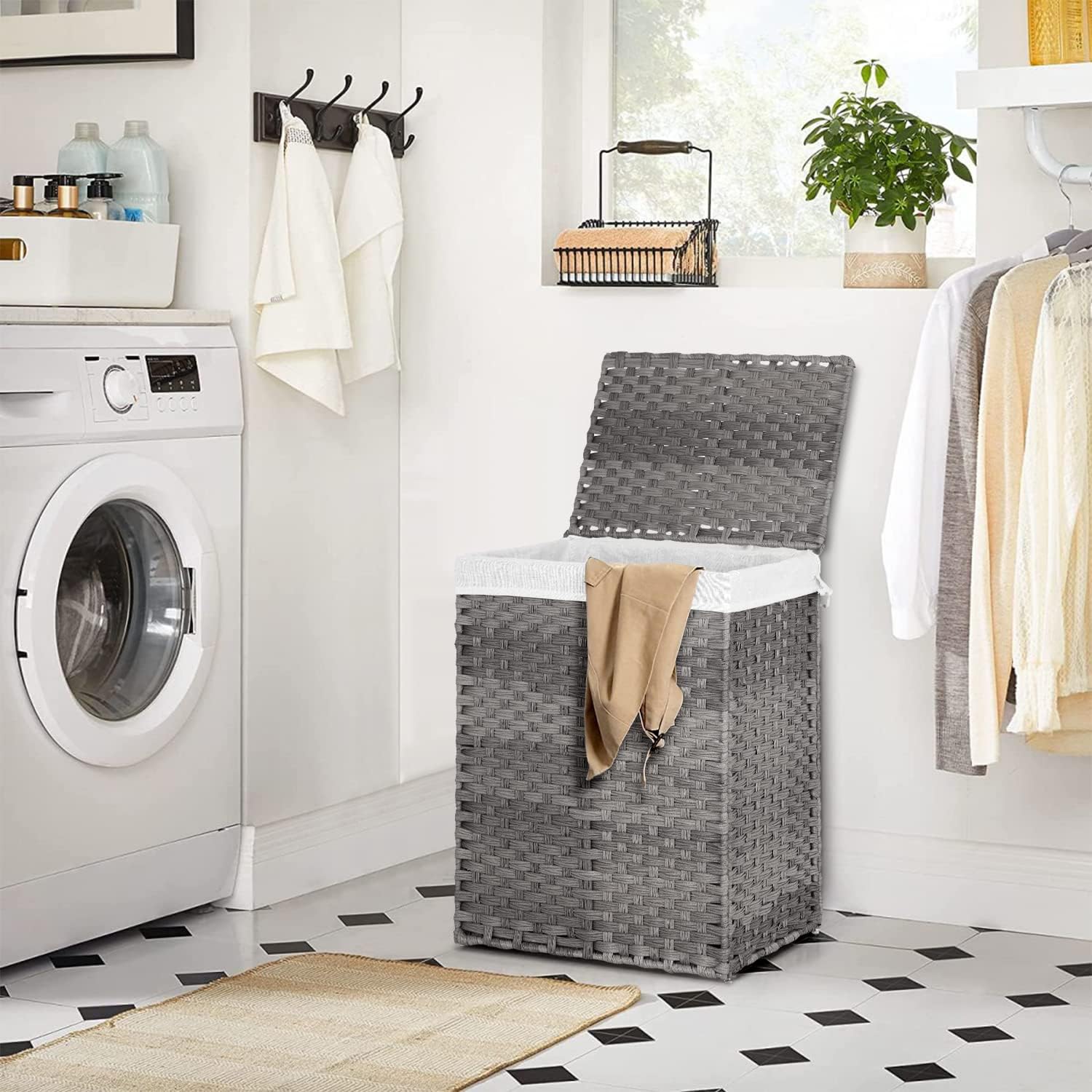 Paylesshere Laundry Basket Handwoven Laundry Hamper 90L/110L Foldable Rattan Hamper With Lid,2 Removable Liner Bags & 6 Laundry Bags,Clothes Hamper Bathroom Laundry Basket,Grey